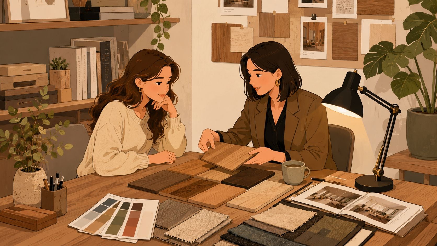 Two female interior designers collaborating while reviewing wood samples and fabric swatches at a creative studio workspace.