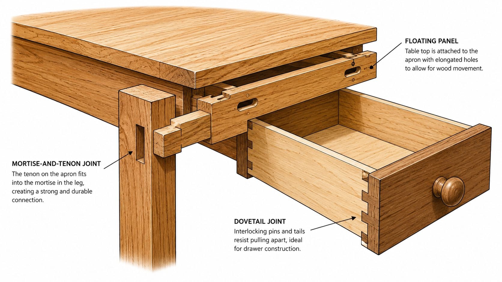 A detailed technical illustration of custom solid wood furniture showing mortise-and-tenon, dovetail, and floating panel joints.