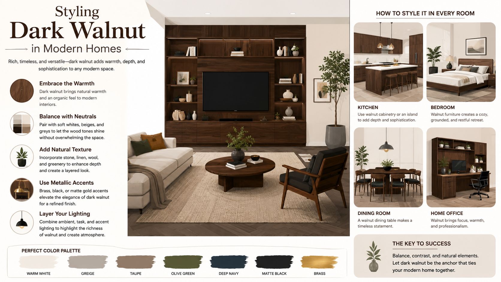 A modern living room interior design infographic featuring dark walnut furniture and color palette tips.