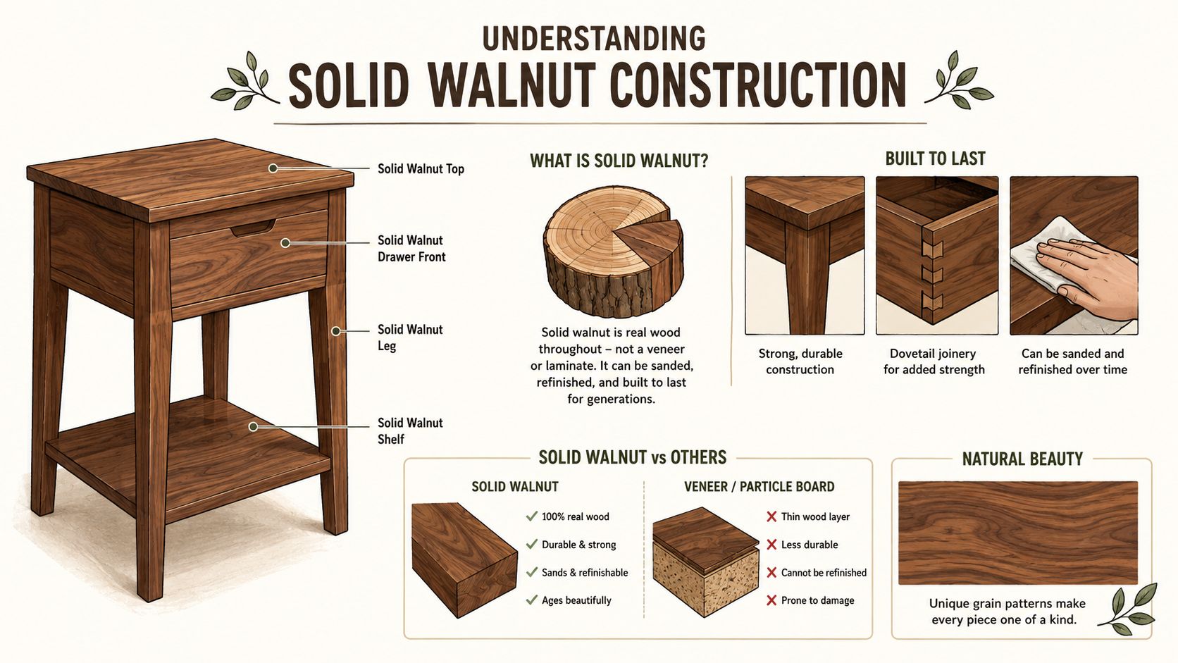 An infographic illustrating the benefits and construction of a solid walnut nightstand compared to veneer furniture.