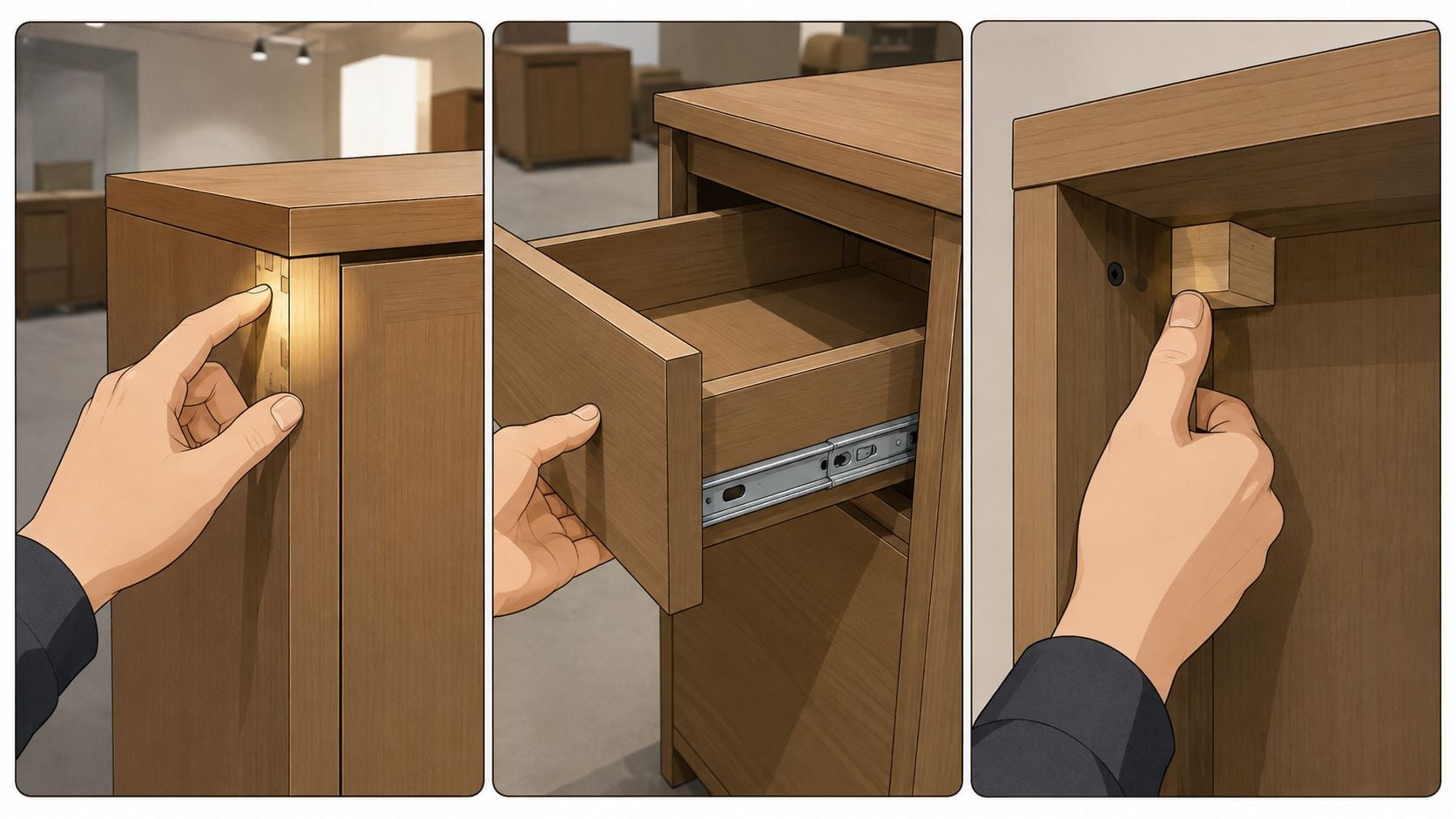 A three-panel illustration demonstrating how to inspect and assemble wooden furniture floor samples in a store.
