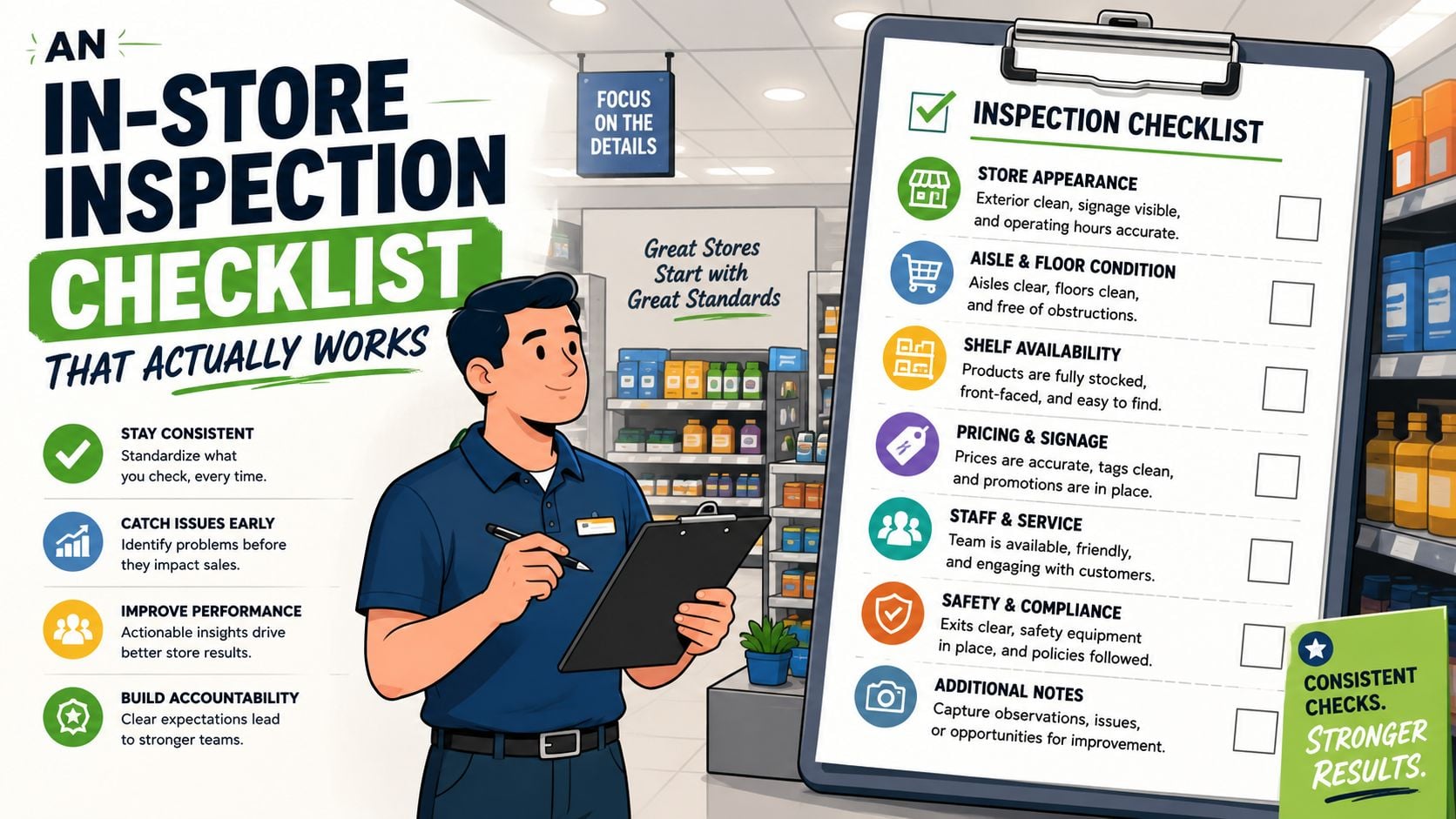 A store employee holding a clipboard with an in-store inspection checklist to ensure high retail standards.