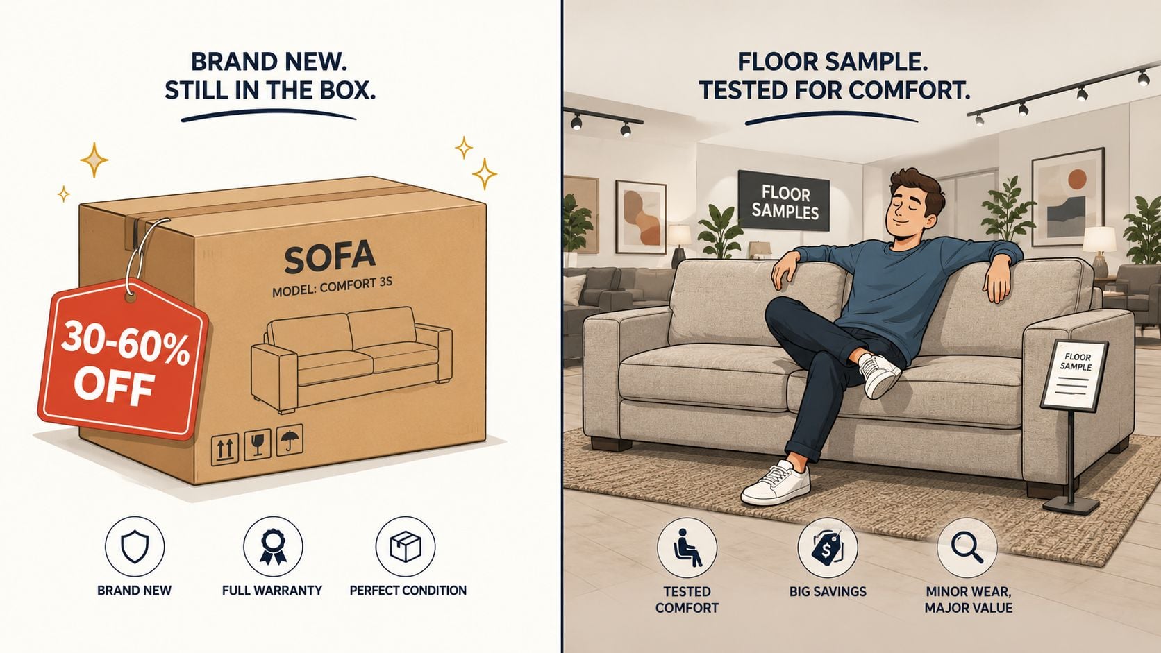 A split image comparing a boxed brand new sofa with a displayed floor sample sofa for sale.