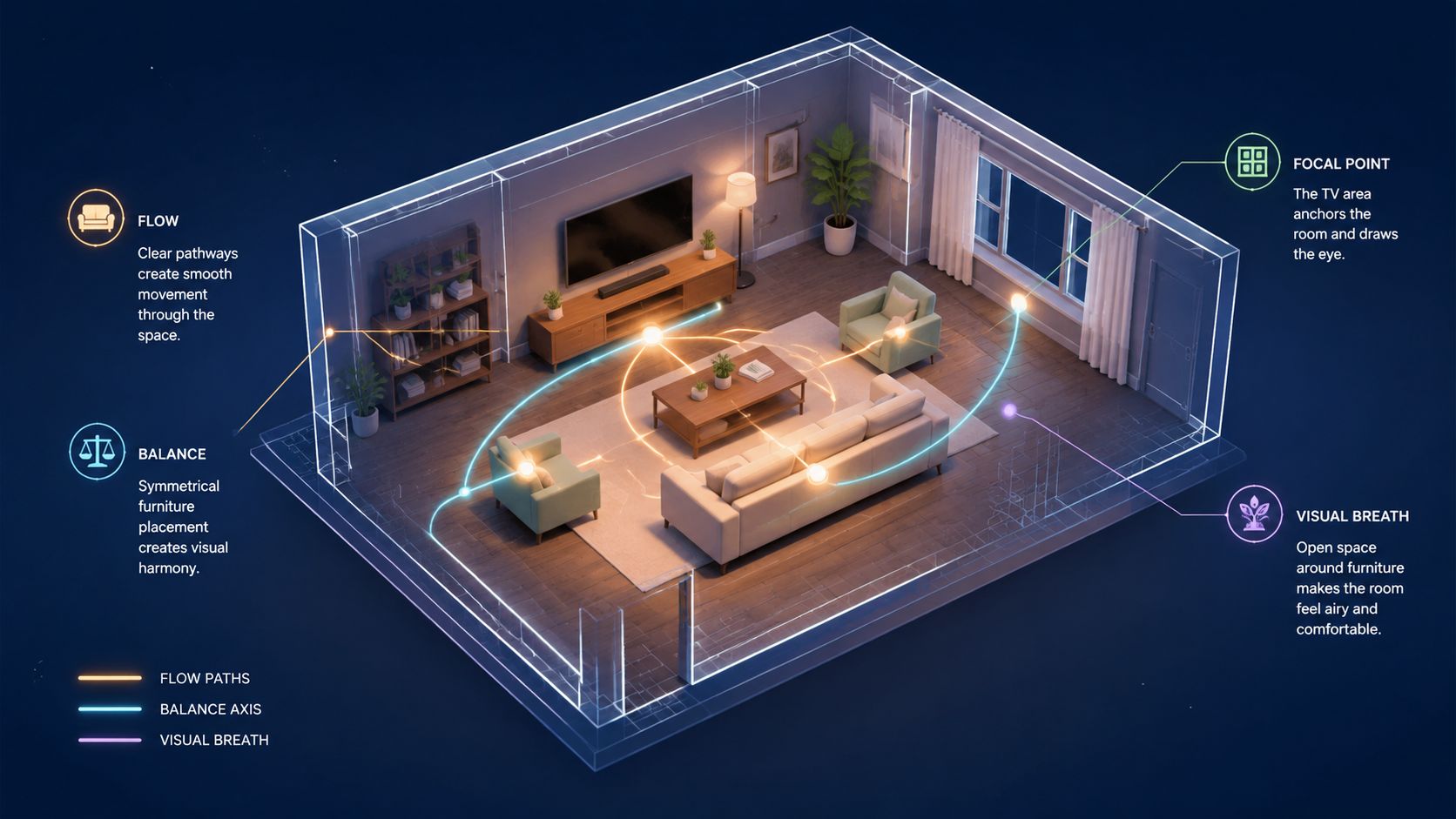 An isometric interior design illustration showing a living room layout with labels for flow, balance, and focal point.
