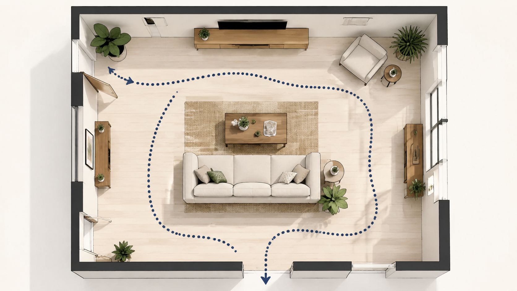 A top-down 3D architectural floor plan of a living room showcasing modern furniture layout and decor.