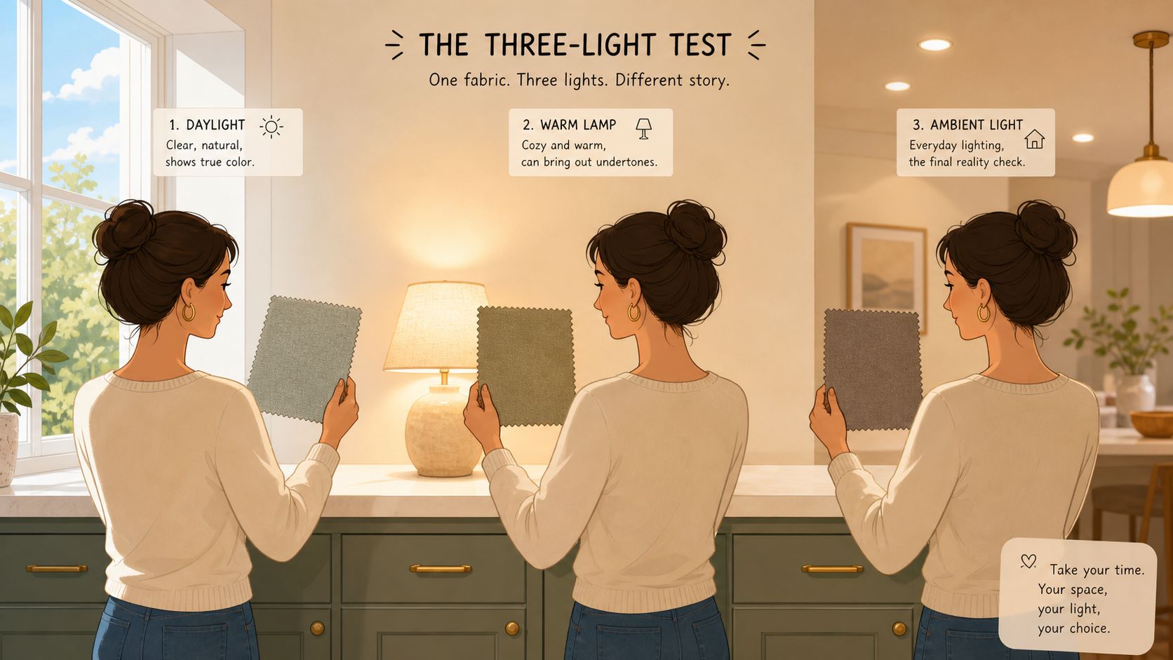 A woman testing fabric color swatches under natural light, lamp light, and ambient room lighting at home.
