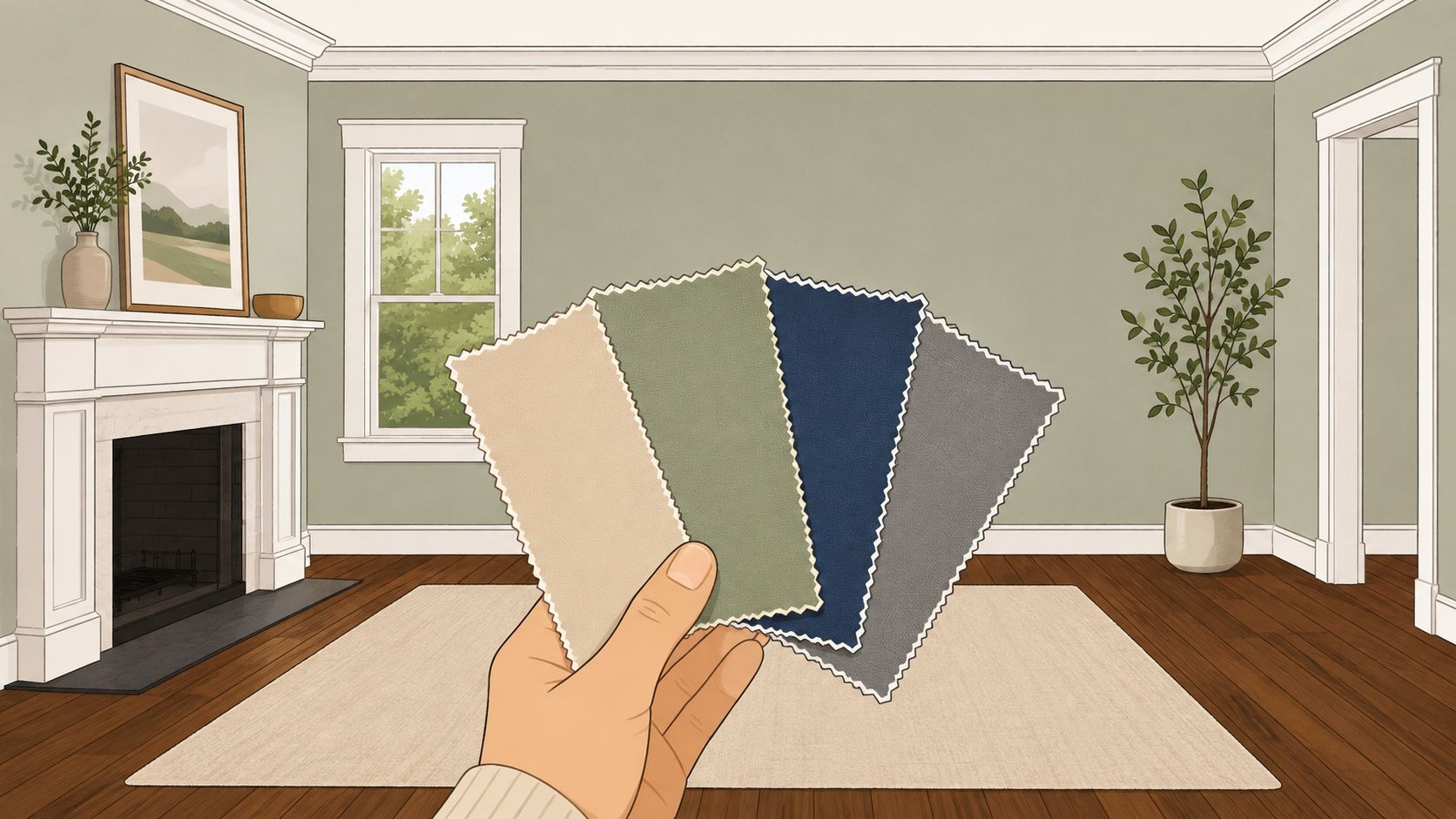 A hand holding fabric color swatches in front of an illustrated living room interior for design planning.
