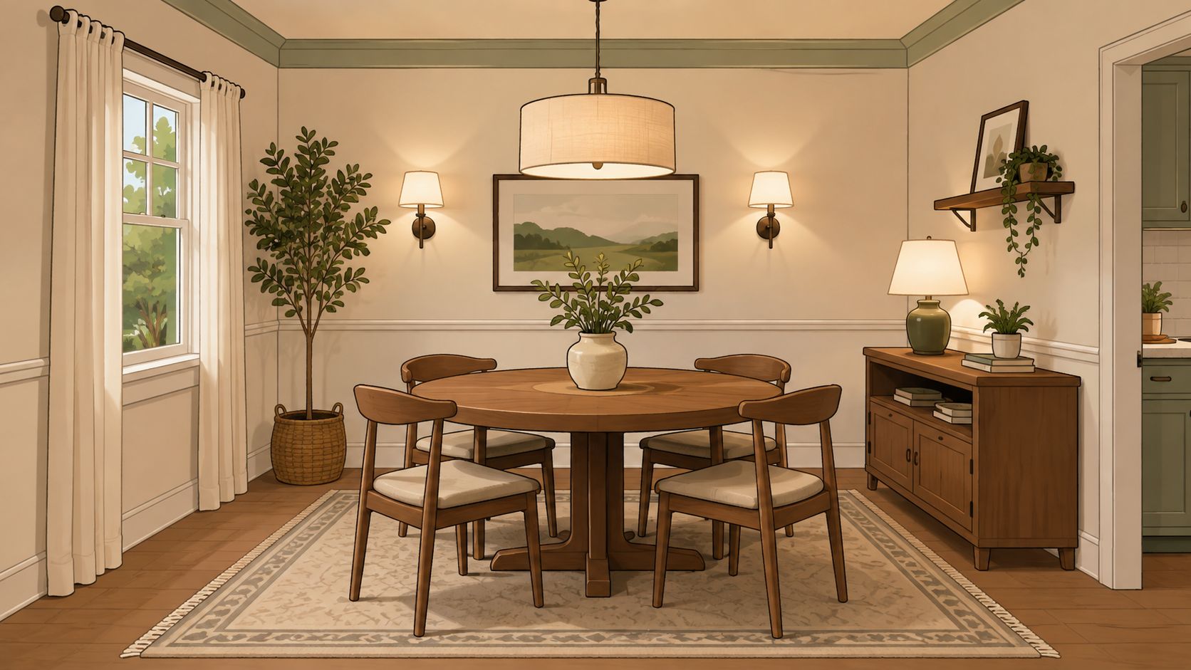 A cozy, well-furnished small dining room with a wooden table, four chairs, and warm ambient lighting.