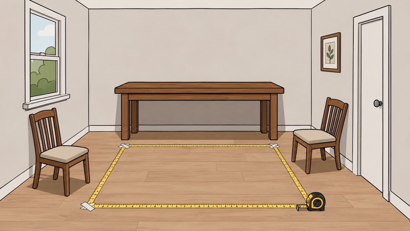 A digital illustration showing an empty dining room with a table, two chairs, and floor tape measurements.