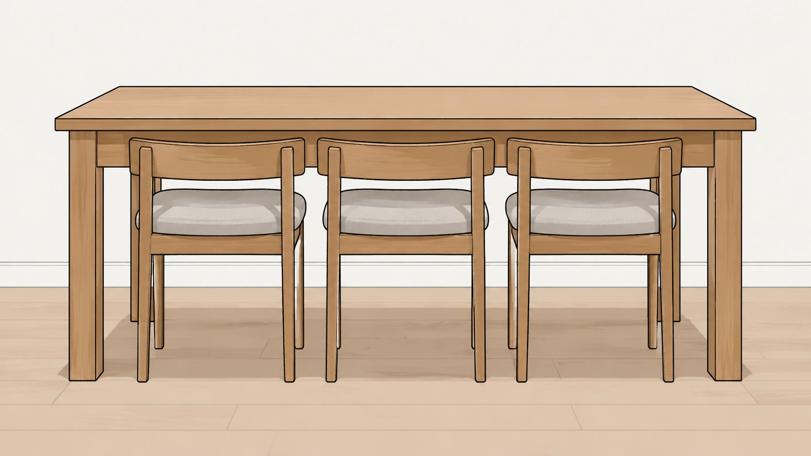 A simple wooden dining table with three chairs placed neatly underneath against a white wall.