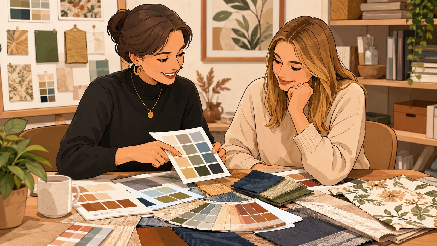 Two women collaborating on an interior design project, reviewing fabric swatches and color palettes at a table.