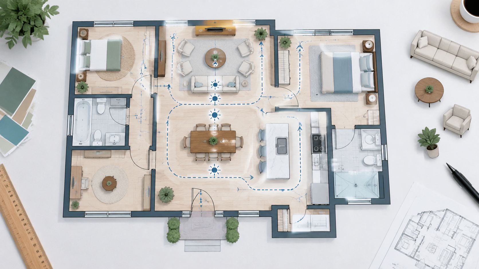 A top-down architectural floor plan illustration featuring furniture and light flow lines on a white desk.