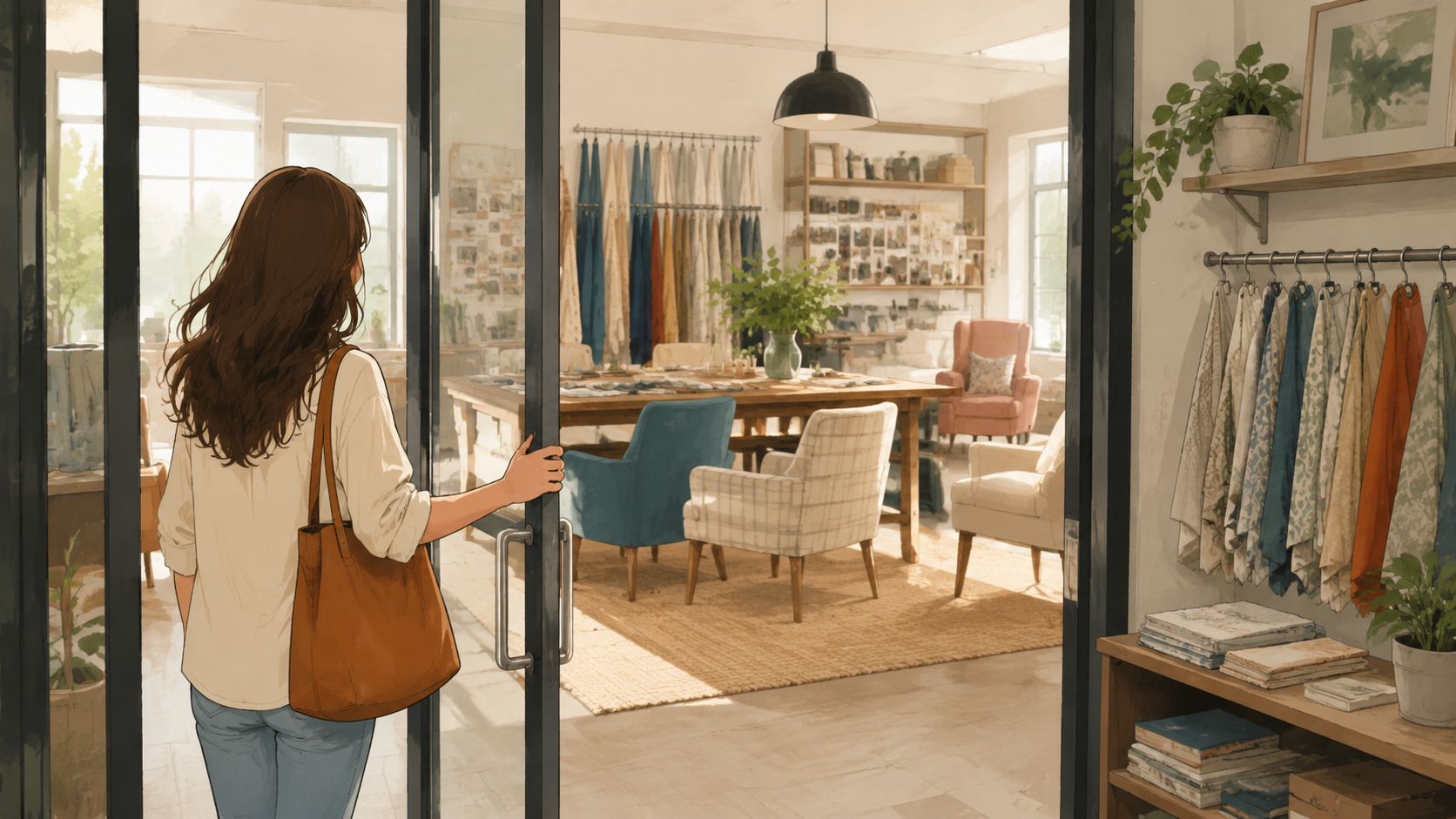 A woman enters a brightly lit interior design studio showcasing fabric samples and stylish furniture.