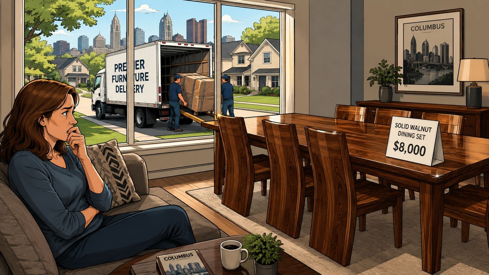 A concerned woman watches a furniture delivery team unloading a large dining set outside her home window.