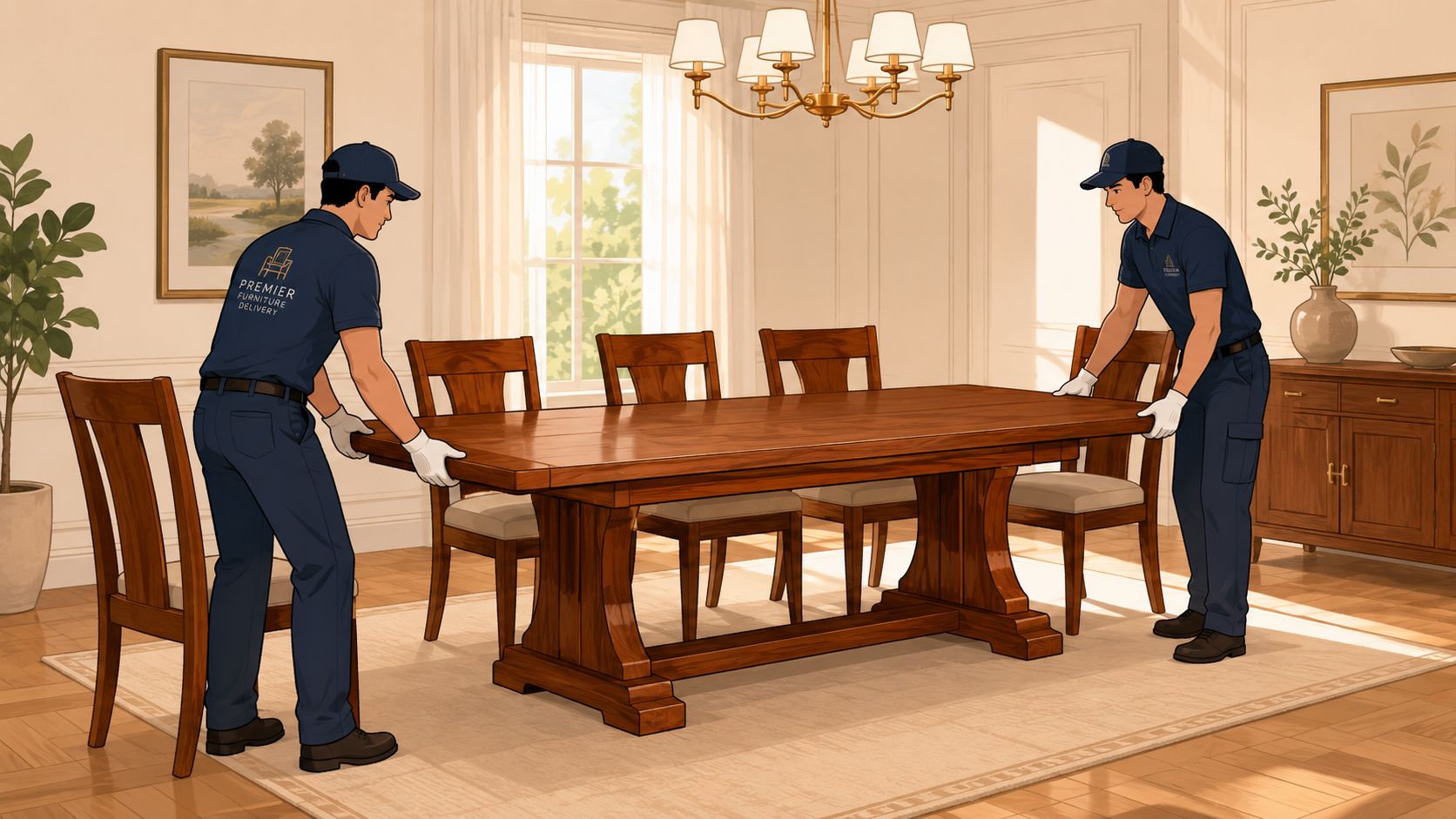 Two professional furniture delivery workers carefully move a large wooden dining table in a modern dining room.