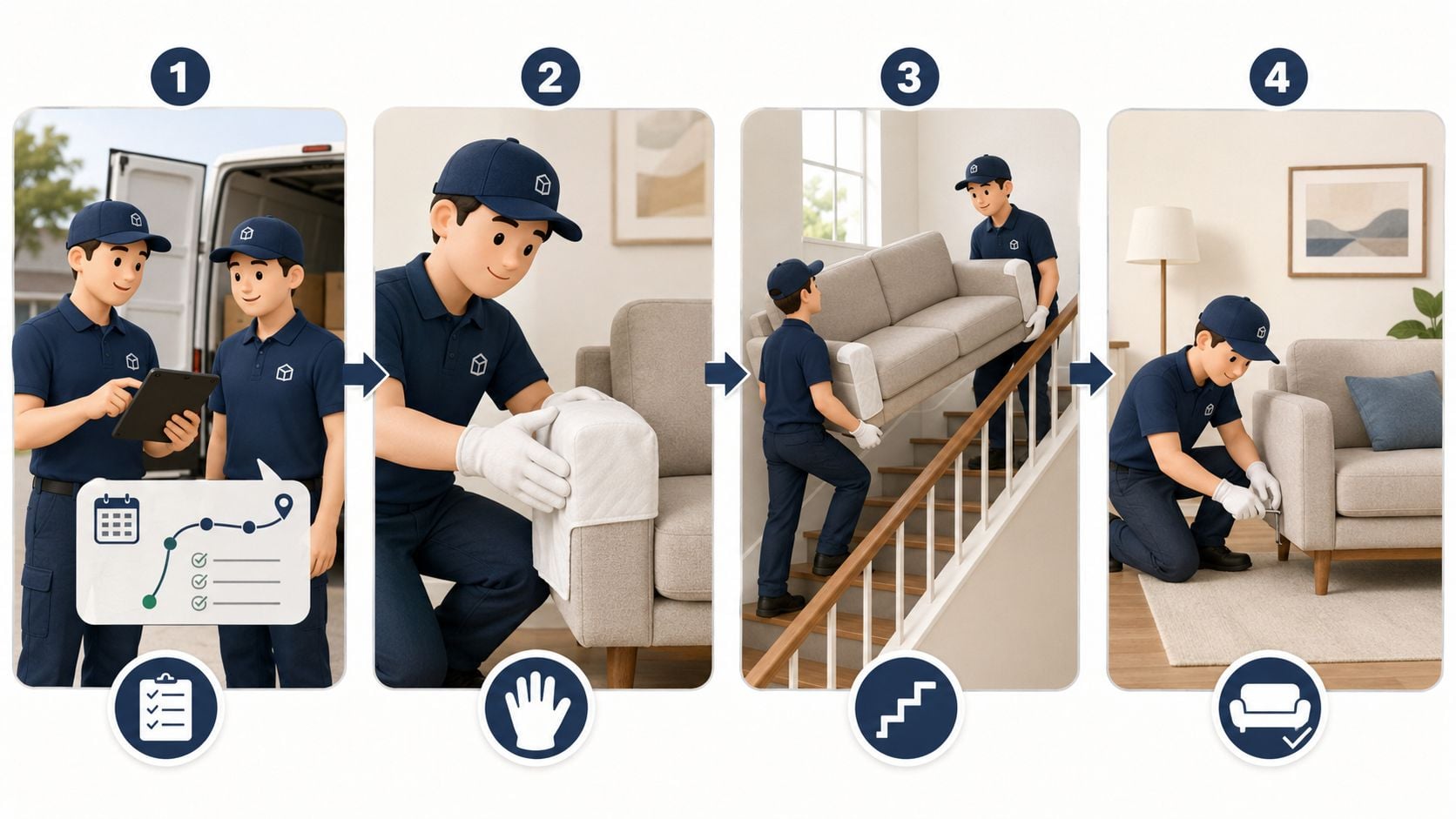 Two delivery workers demonstrating the white glove furniture delivery process from scheduling to final assembly and setup.