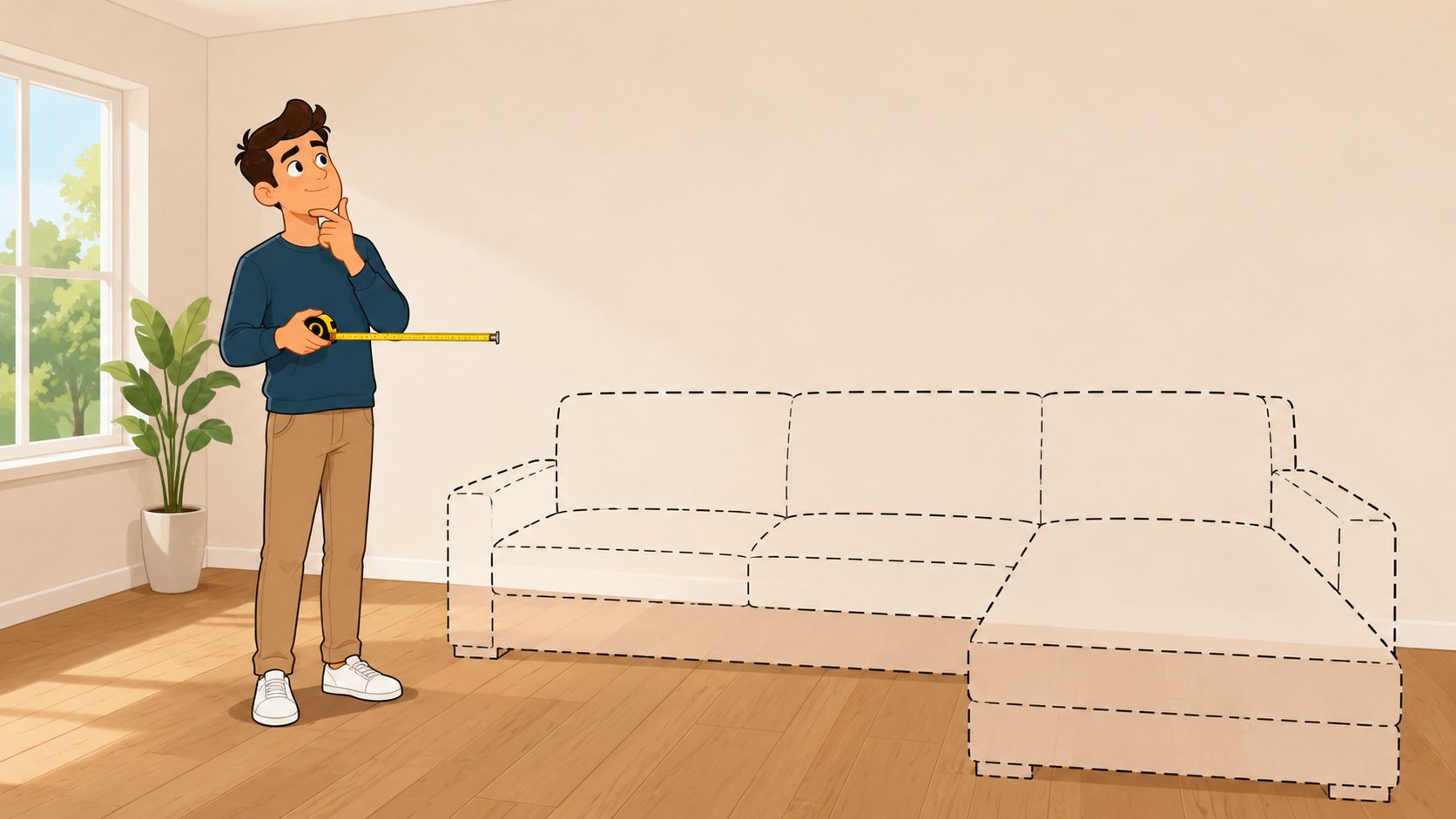 A man using a tape measure to plan the placement of a sectional sofa in his living room.