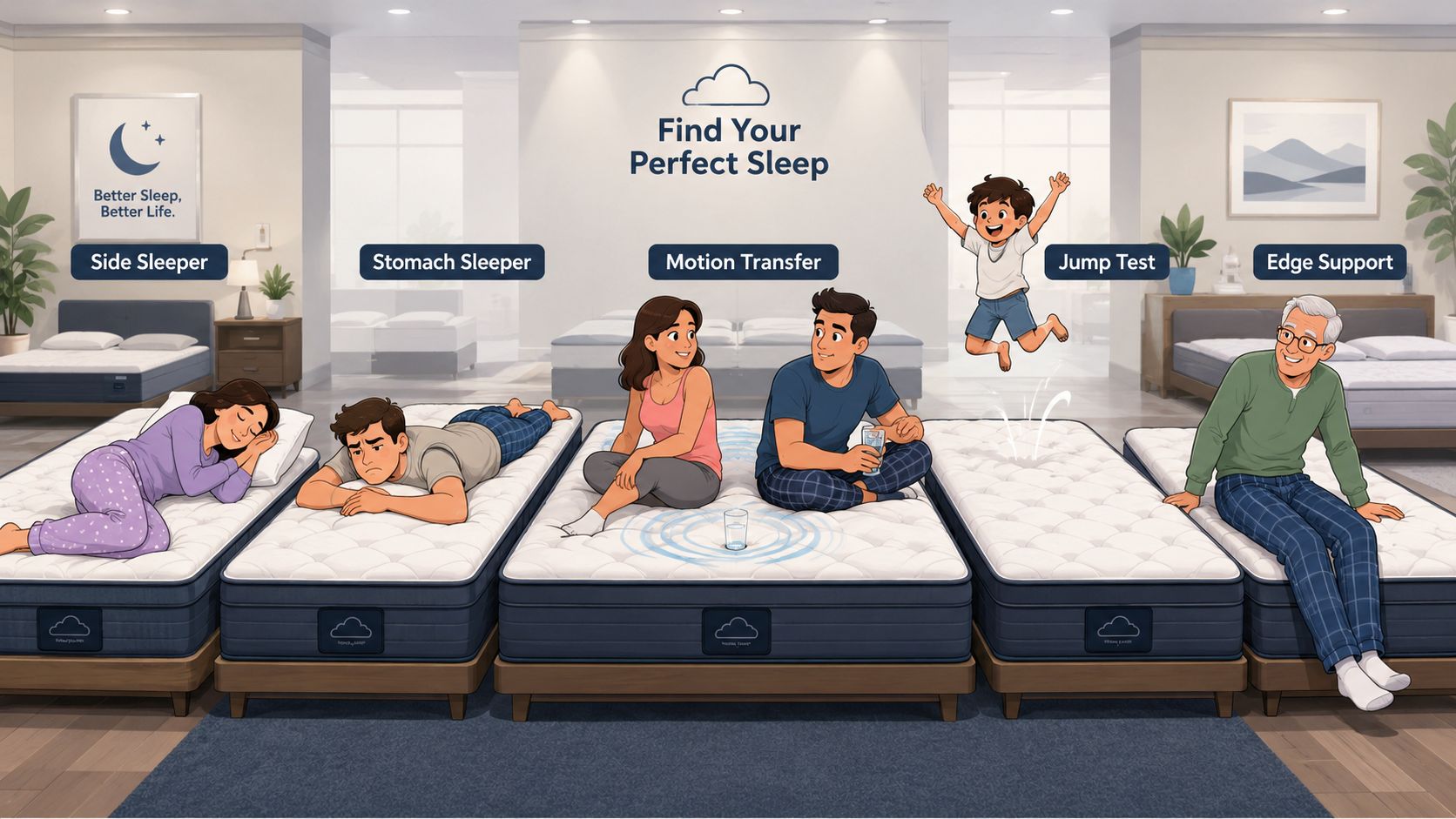 A mattress store display demonstrating side sleeping, stomach sleeping, motion isolation, jumping test, and edge support features.