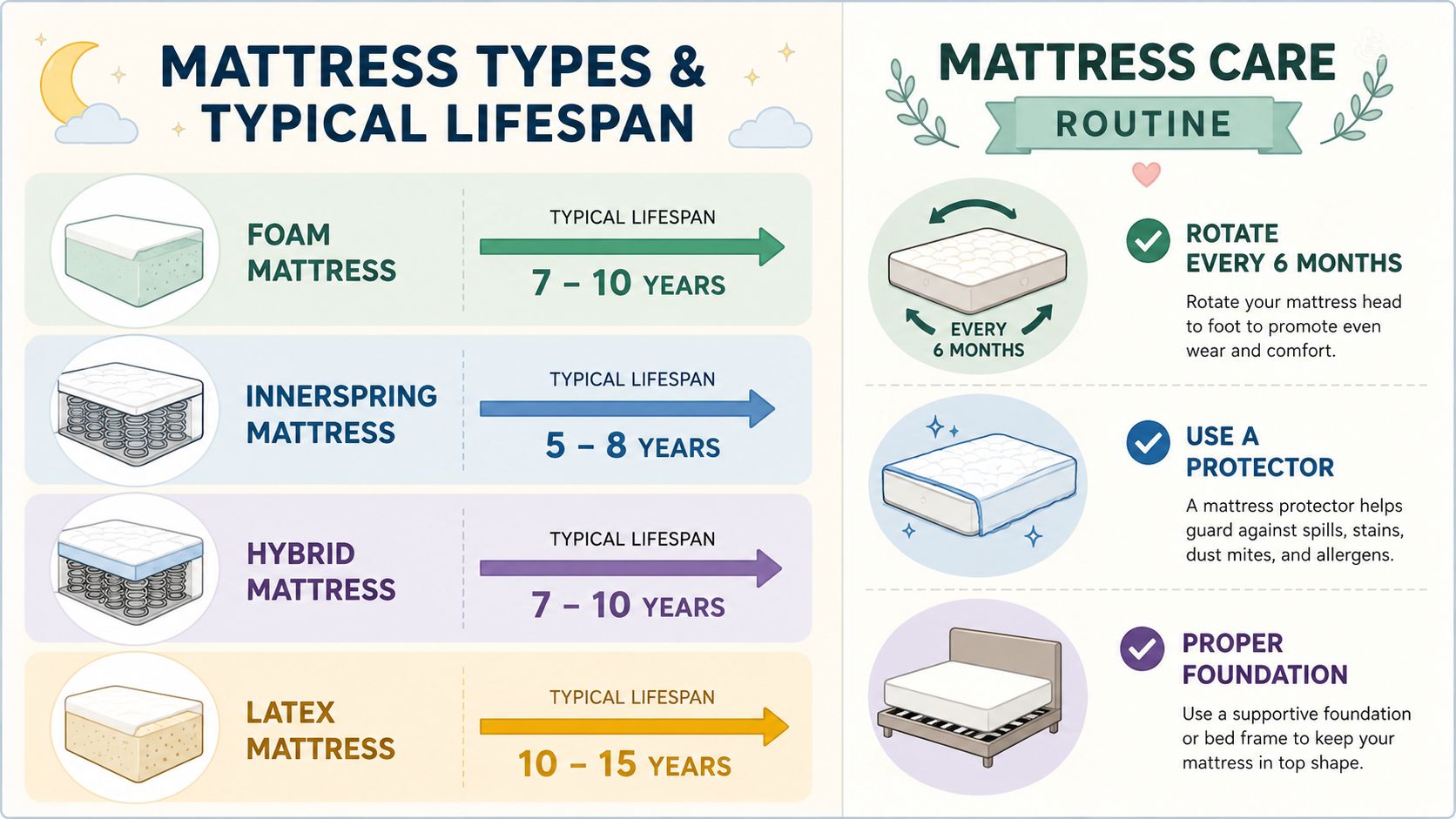 An infographic showing the typical lifespan of various mattress types and essential care maintenance routines.
