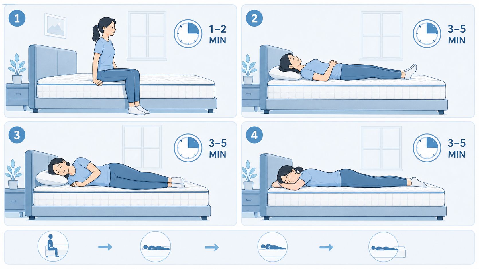 A diagram demonstrating four common sleeping positions on a mattress with recommended time intervals for testing comfort.