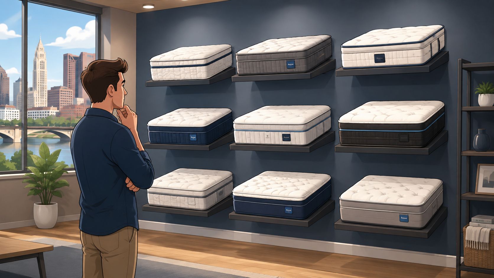 A man in a store looking thoughtfully at various mattress options displayed on shelves against a wall.