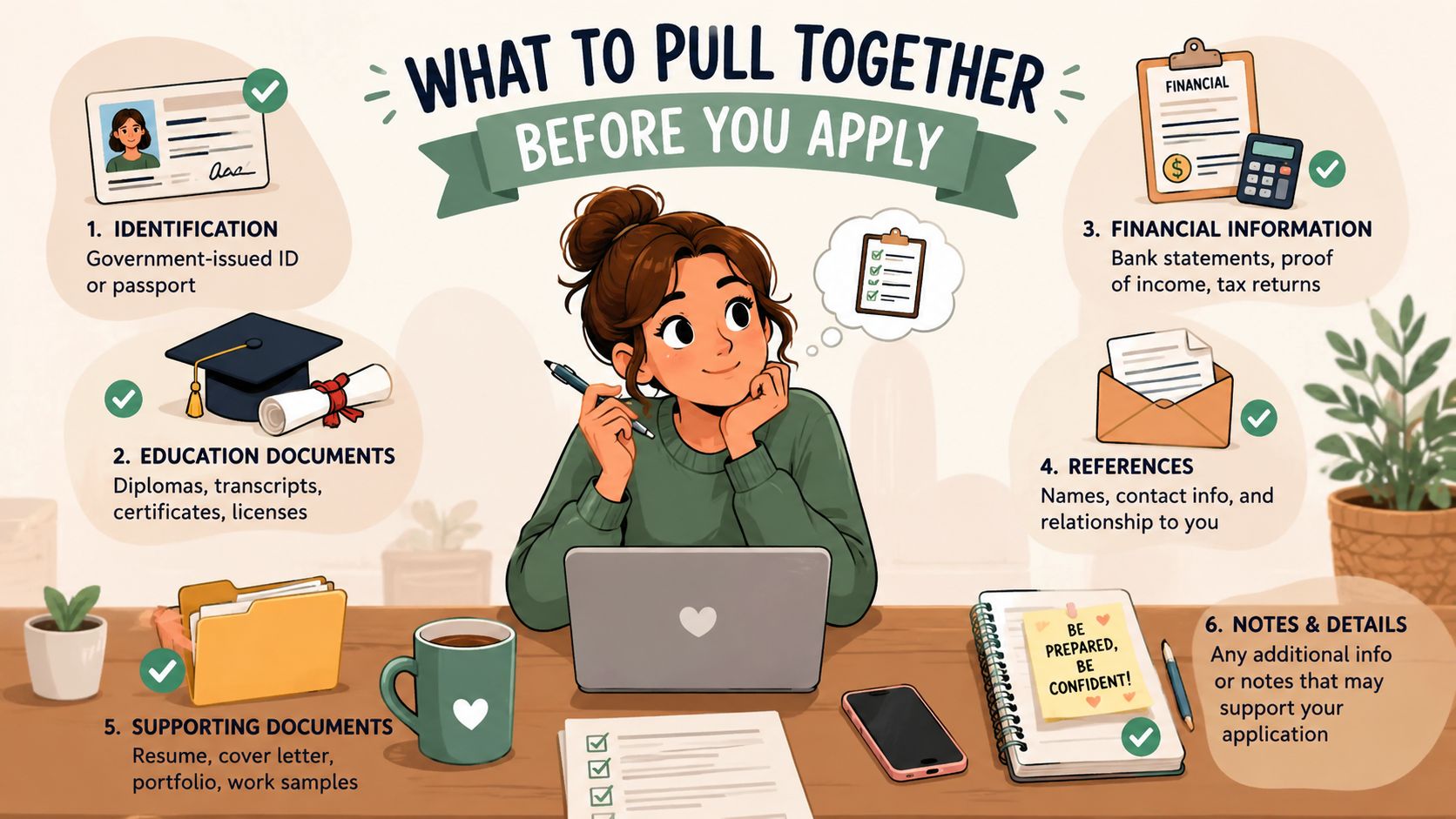 An illustration of a young woman preparing necessary documents for an application process, including identification, financial records, and references.