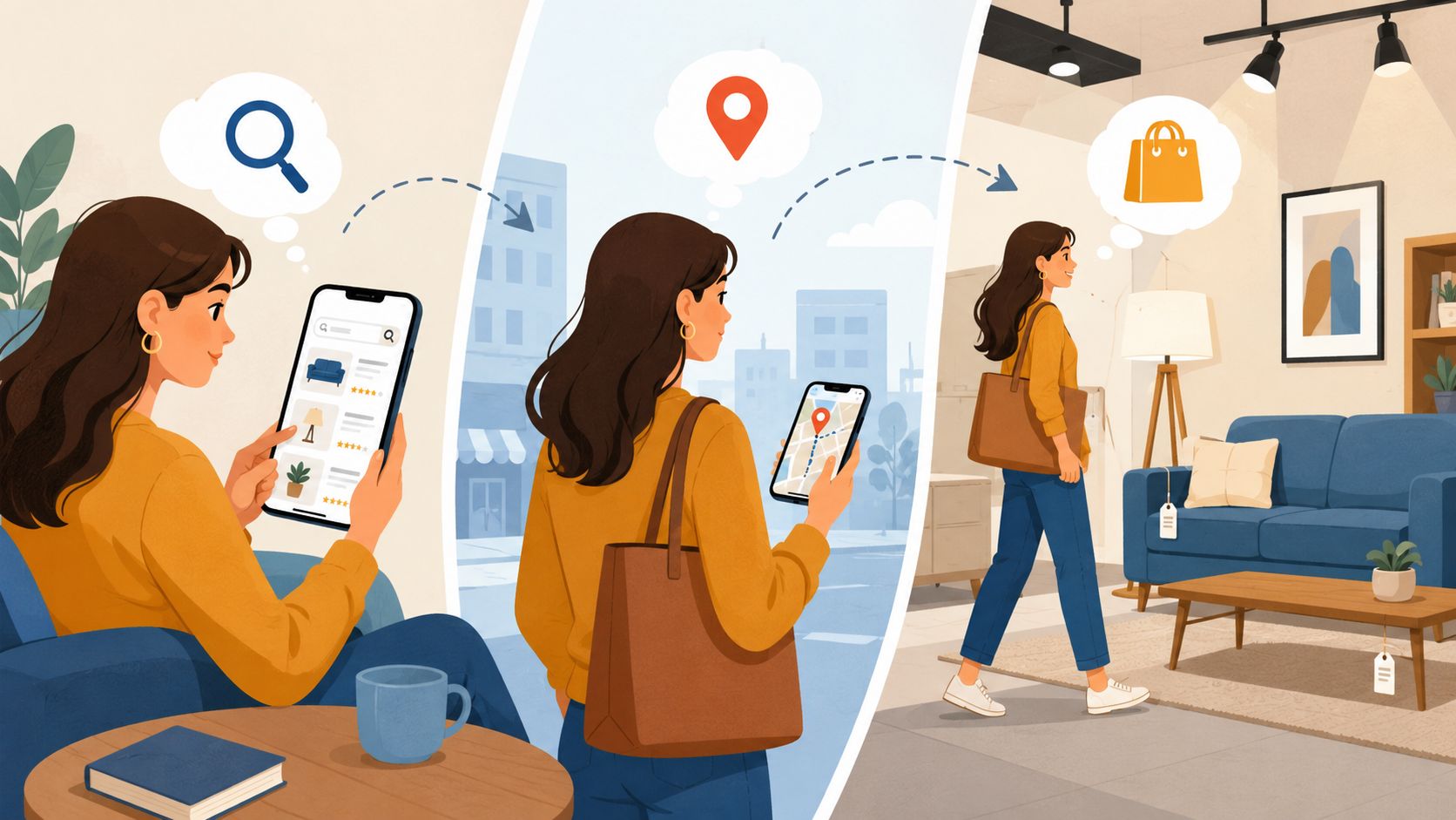 A woman shopping for furniture by searching on her phone, finding the location, and visiting the store.
