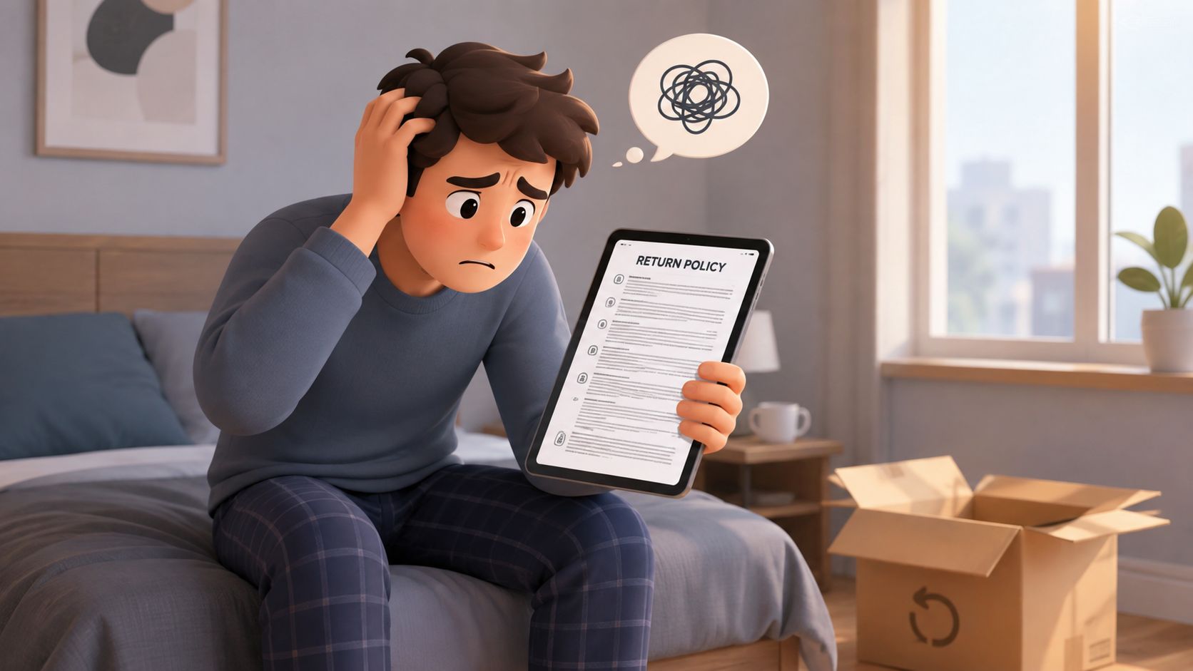 A 3D illustration of a stressed man sitting on a bed looking at a confusing mattress return policy.