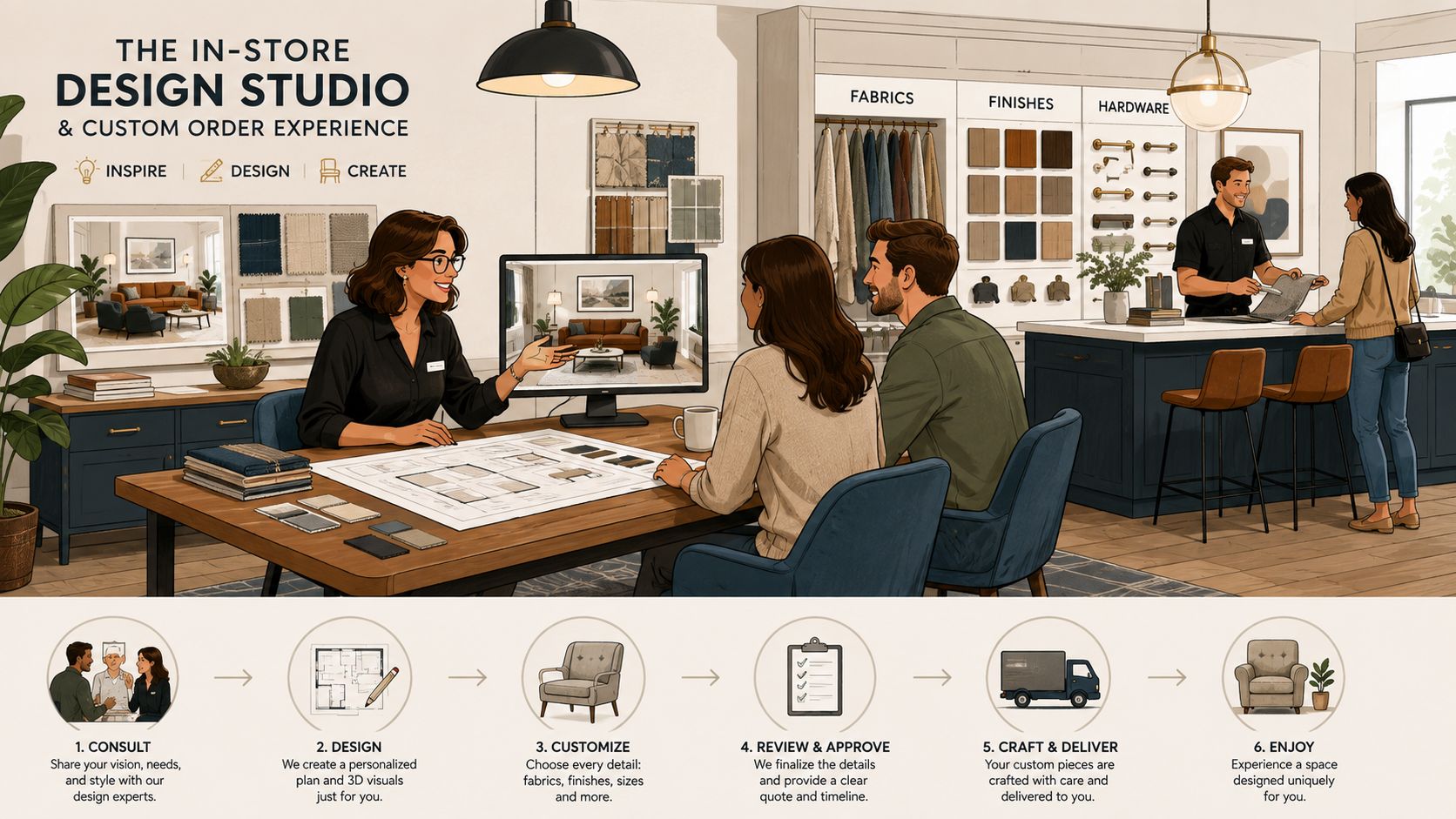 A professional interior design studio where customers work with experts to create custom furniture and home decor.