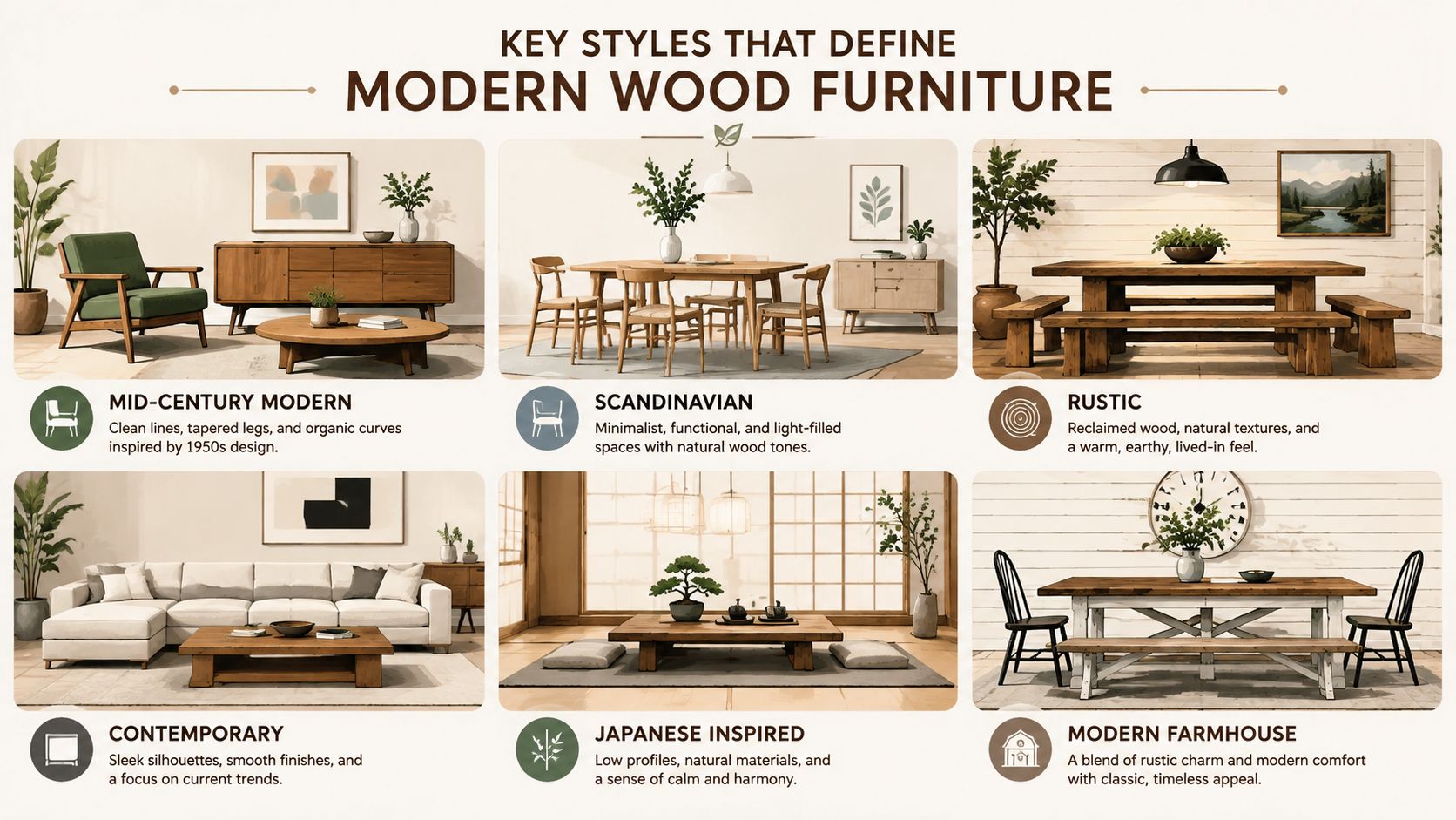 A visual guide showcasing six interior design styles including Mid-Century Modern, Scandinavian, Rustic, Contemporary, Japanese Inspired, and Modern Farmhouse.