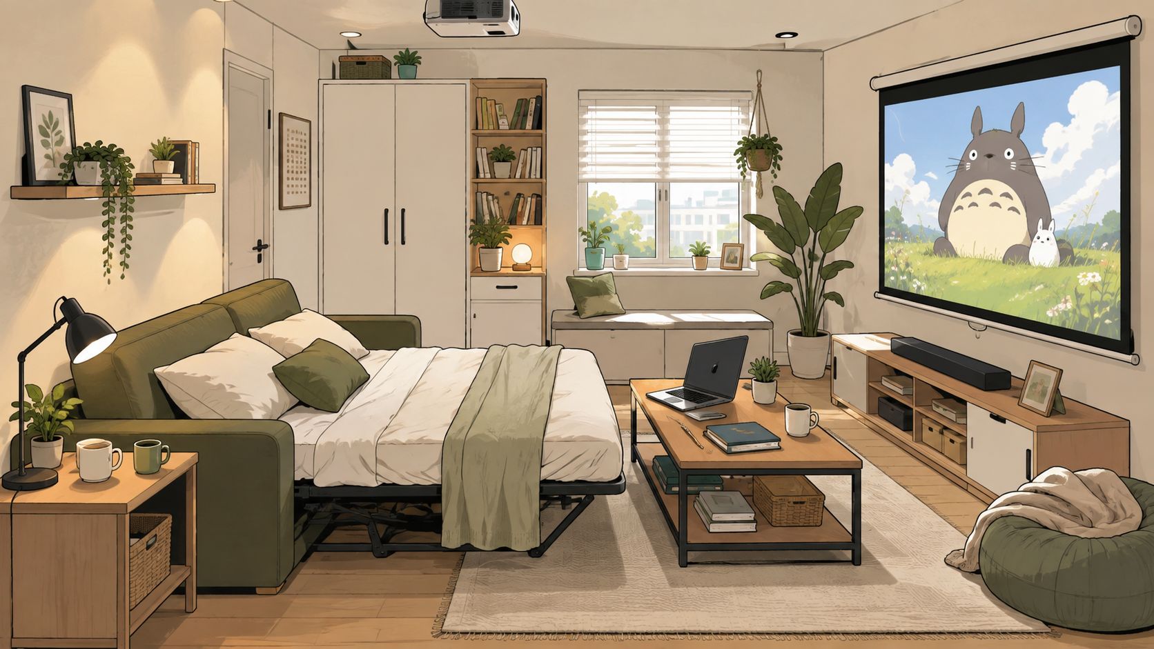 A cozy, modern studio apartment featuring a multifunctional sofa bed, projector screen, and wooden furniture.
