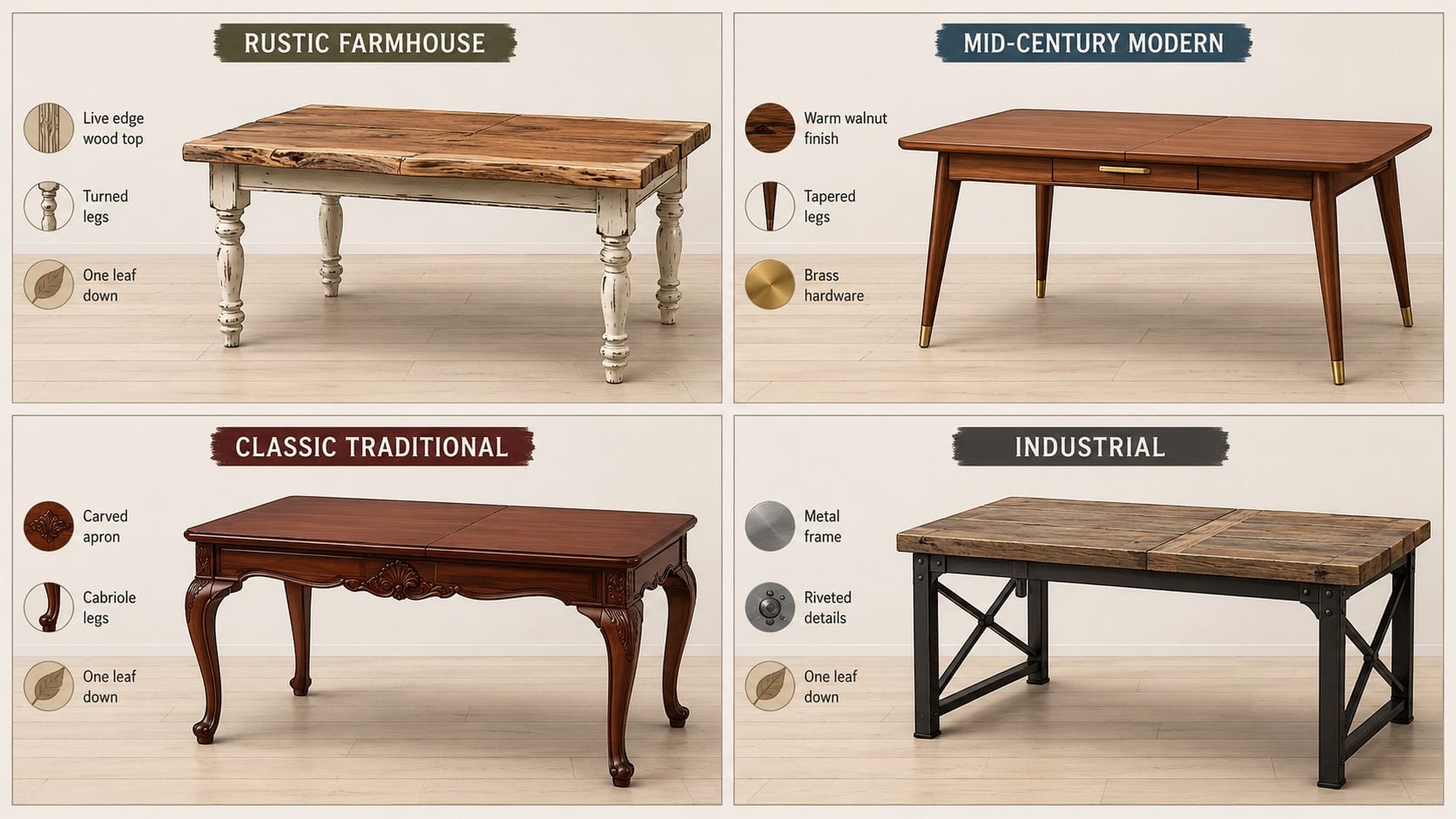 A collage showing four different styles of rectangular drop leaf dining tables including farmhouse, modern, traditional, and industrial.