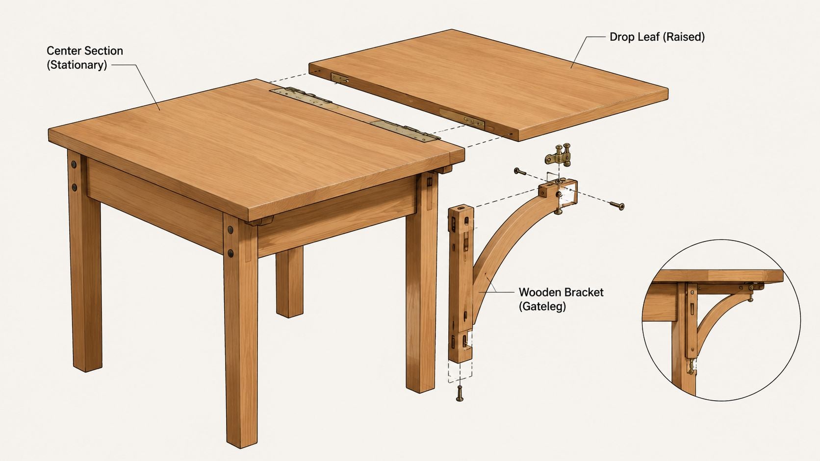 Exploded view technical illustration showing how a gateleg wooden bracket supports a drop leaf dining table.