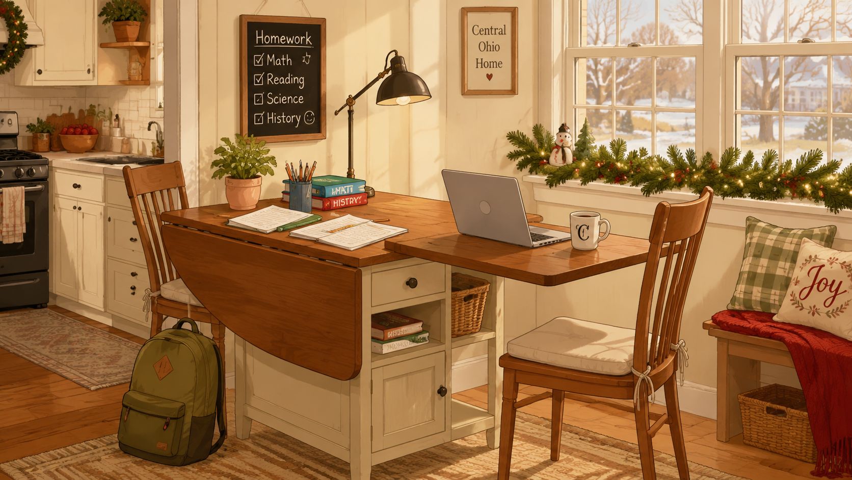 A cozy, sunlit dining area featuring a rectangular drop leaf dining table set up as a workspace.