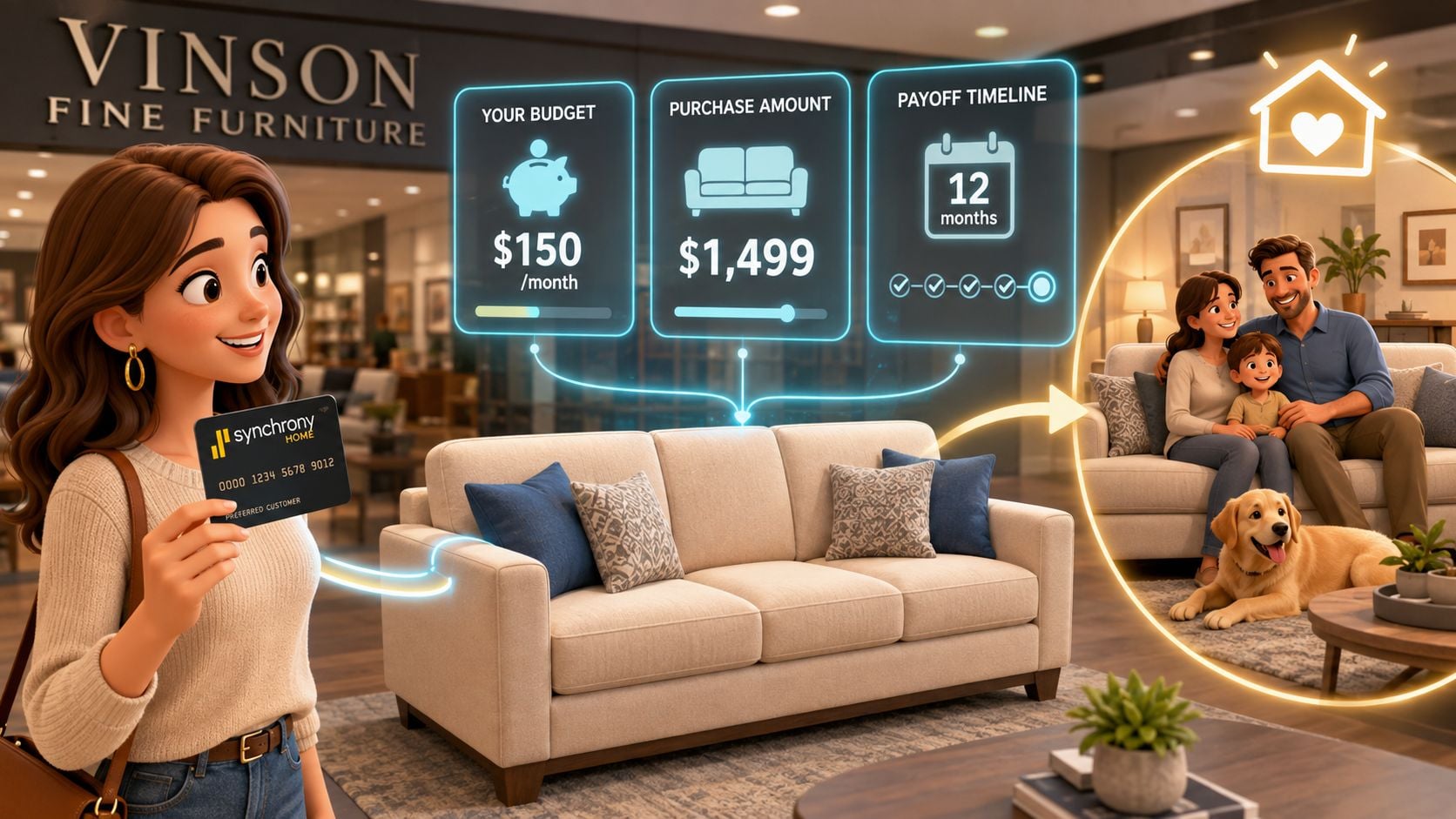 A woman holding a Synchrony Home credit card in a furniture store next to financial planning graphics.