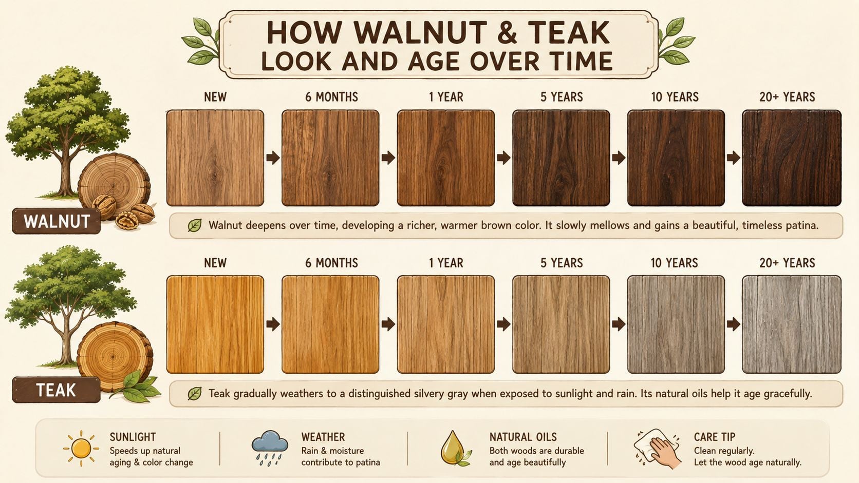 A comparison chart showing how walnut and teak wood color changes over twenty years of aging.