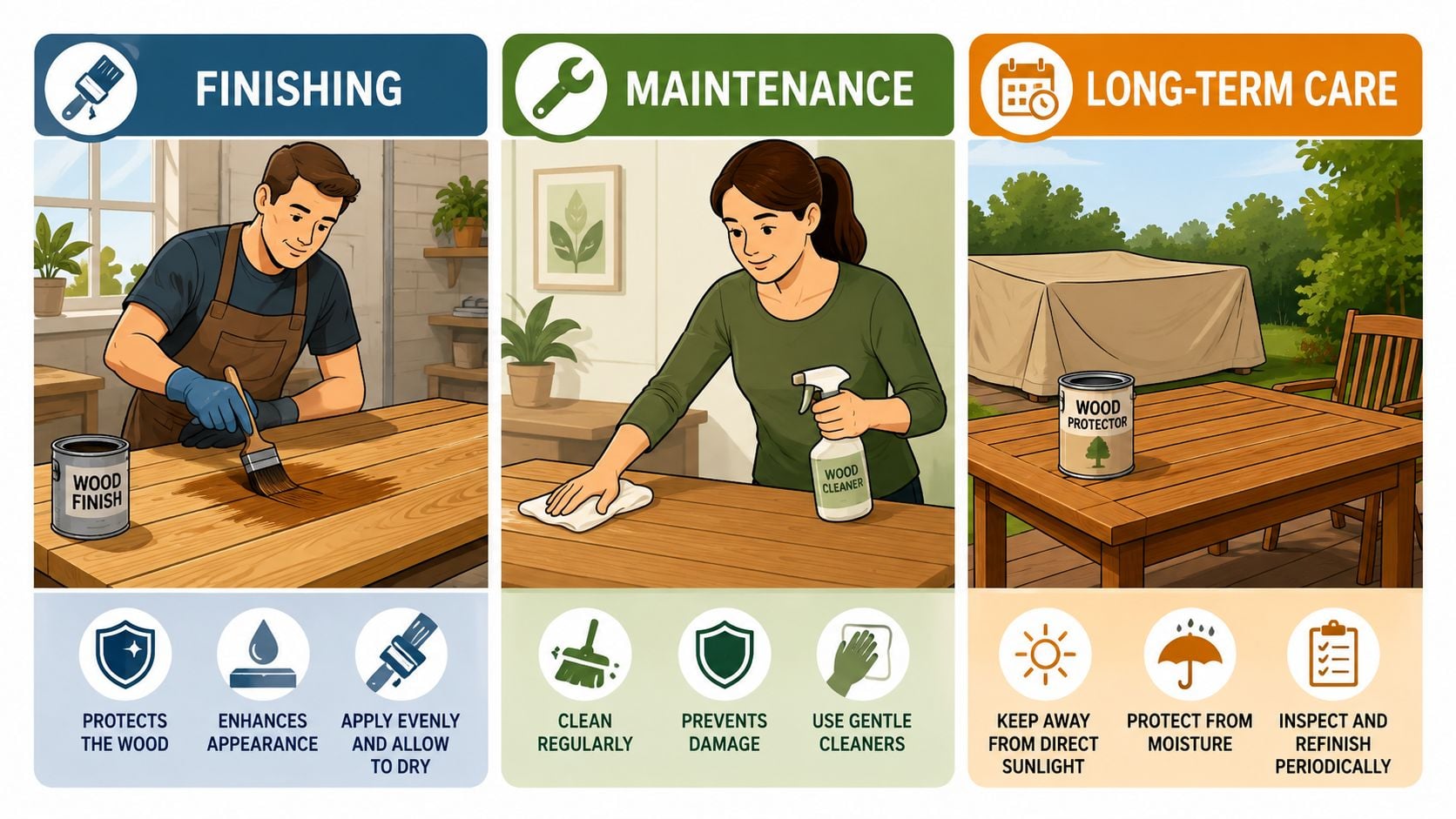 An infographic illustrating three stages of wood furniture care: finishing, regular maintenance, and long-term protection.