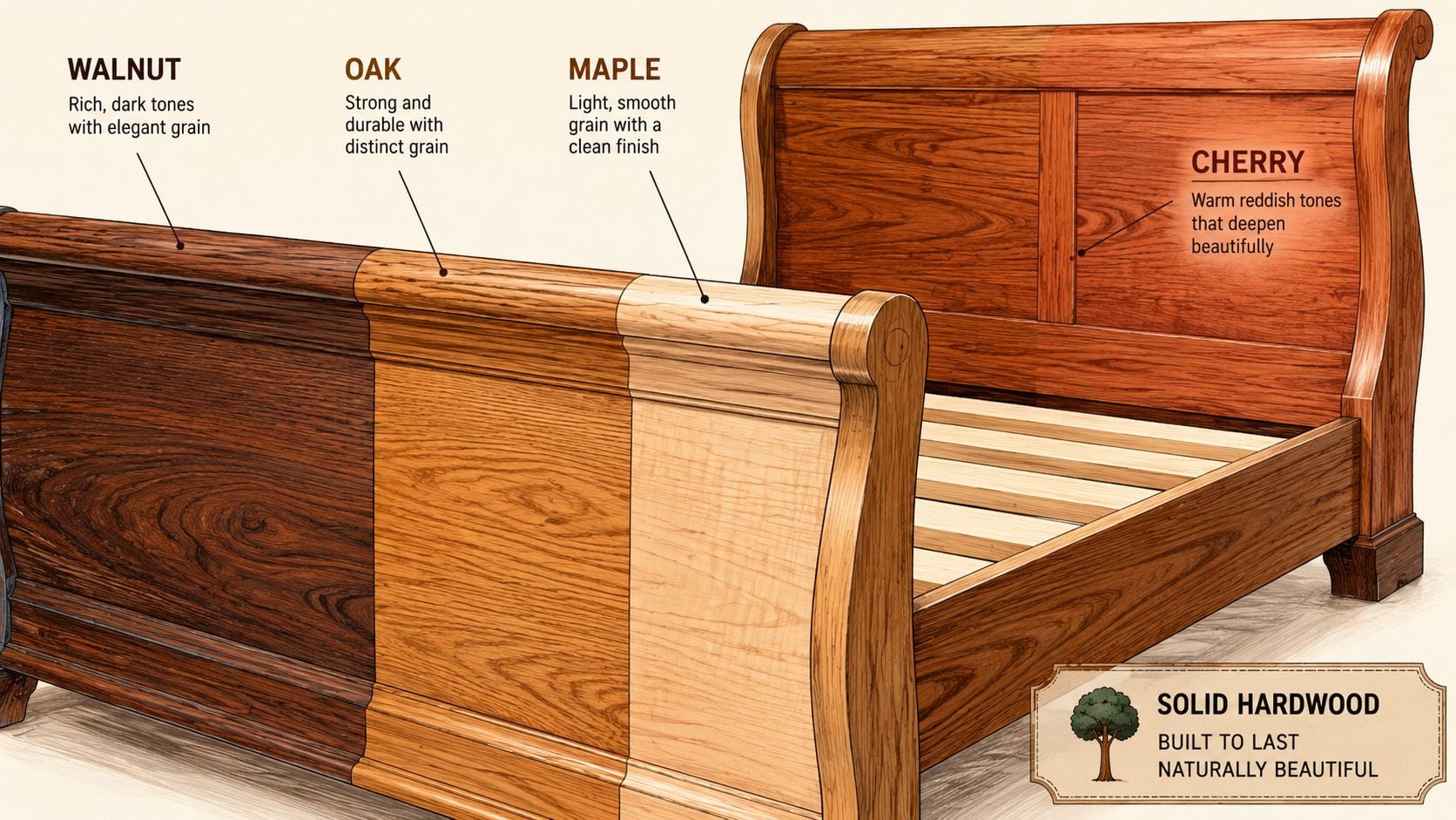 A sleigh bed frame displayed with four different types of wood finishes including walnut, oak, maple, and cherry.
