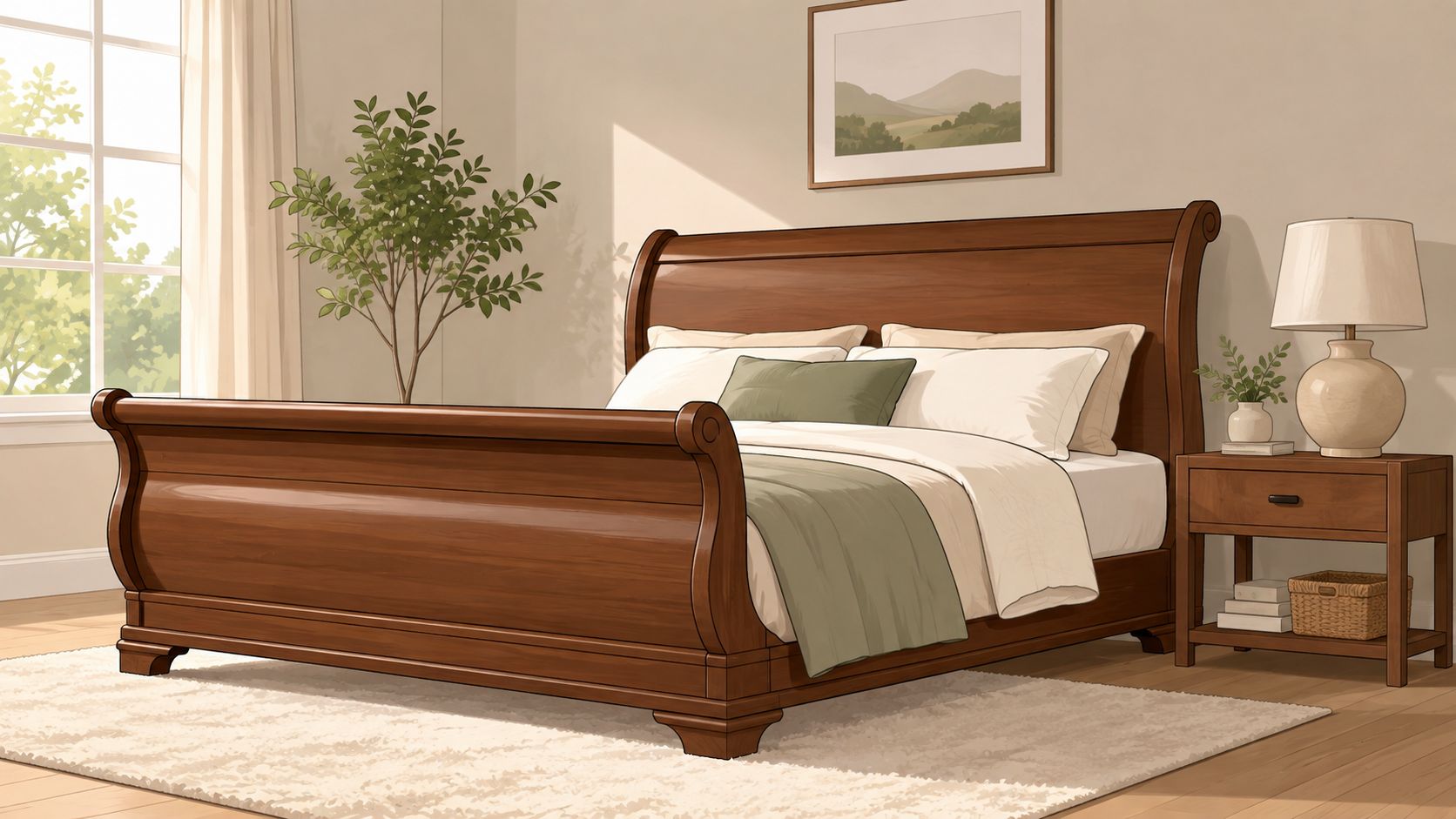 A beautiful classic wooden sleigh bed with warm bedding, positioned next to a nightstand with a lamp.