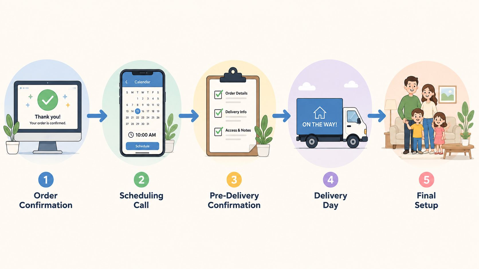 A five-step infographic illustrating the white glove delivery process from order confirmation to final setup.