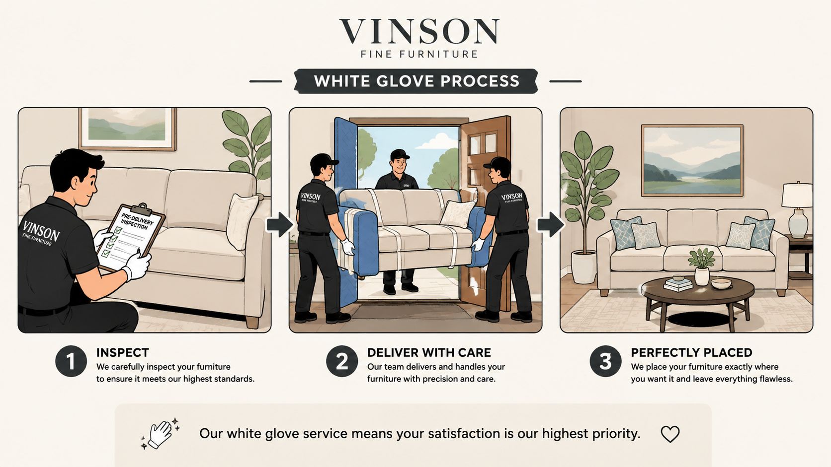 A three-step infographic explaining the Vinson Fine Furniture white glove delivery and inspection process for sofas.