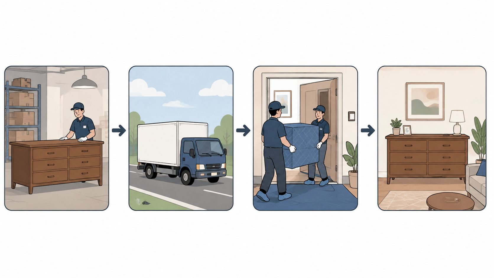 A sequence of four illustrations showing a furniture piece being prepared, transported, and delivered to a home.
