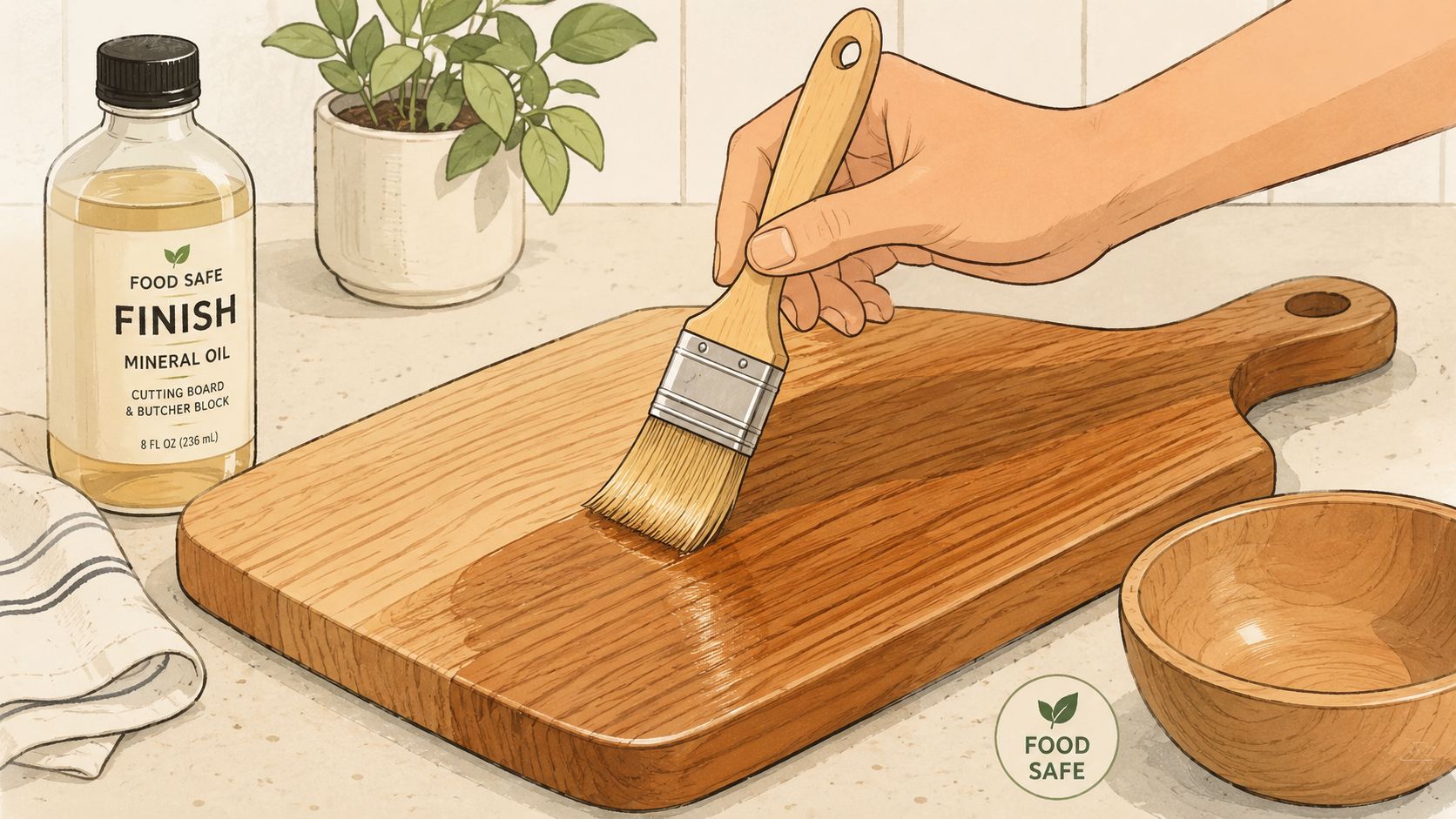 A hand using a brush to apply food-safe mineral oil to a wooden cutting board on a counter.