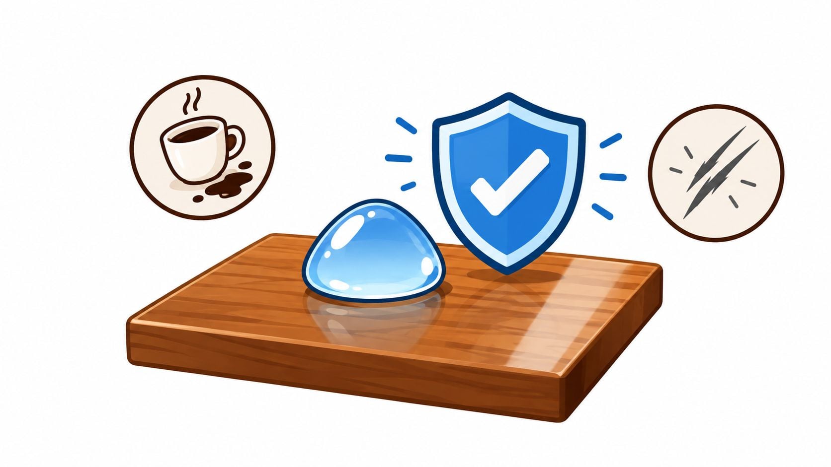 A glossy wooden surface protected by a water droplet and a shield icon against stains and scratches.
