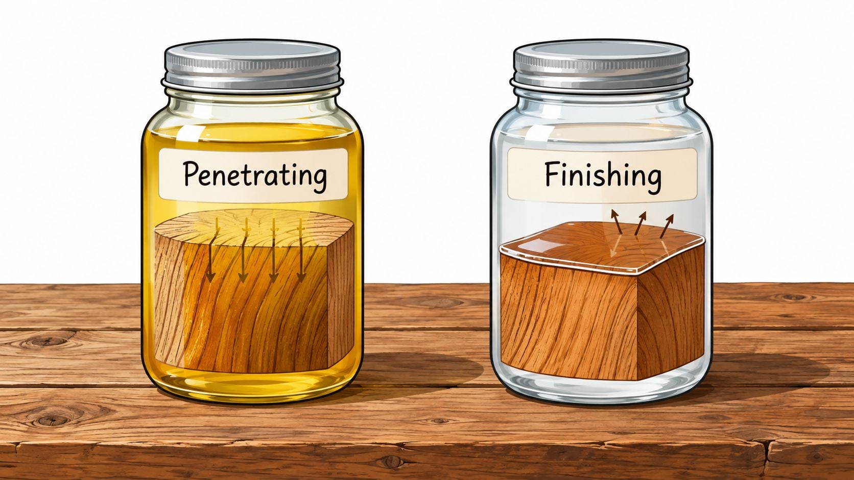 A split image showing a jar with penetrating oil soaking into wood versus finishing oil coating it.
