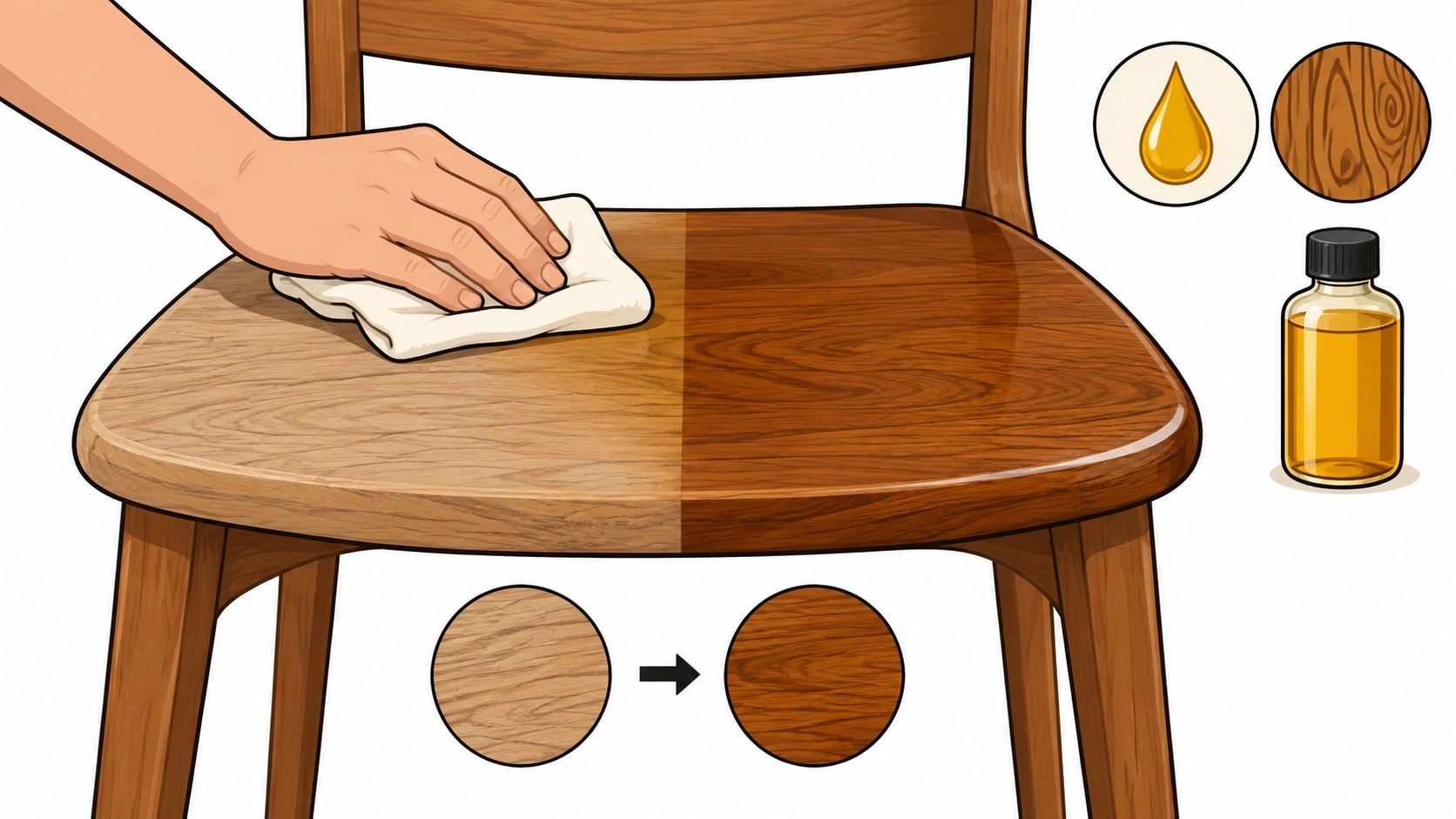 A hand wiping oil onto a wooden chair to restore and enhance the appearance of the grain.