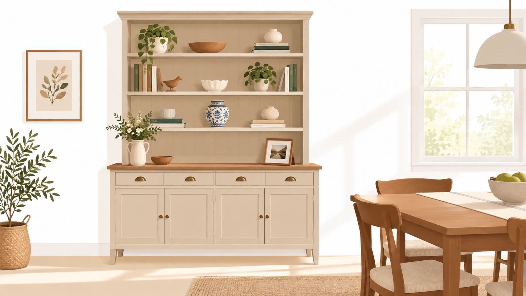 A elegant cream-colored wooden hutch and credenza styled with decorative vases, plants, and books in a room.