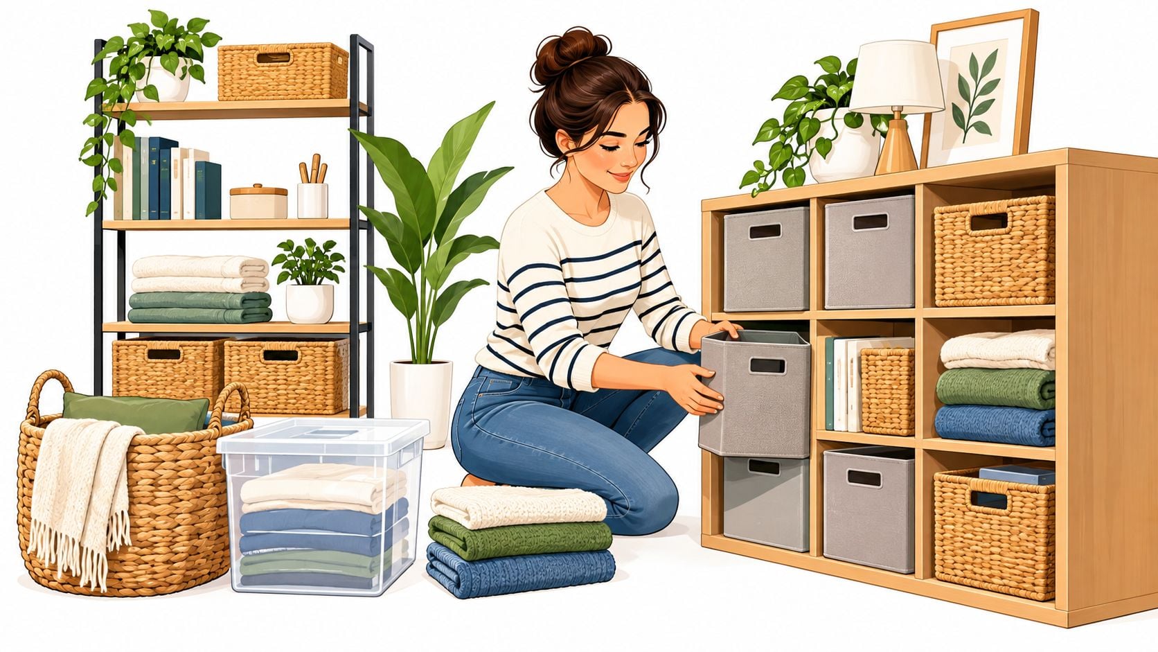 A young woman organizing clothes and home accessories into storage bins and shelves in a room.