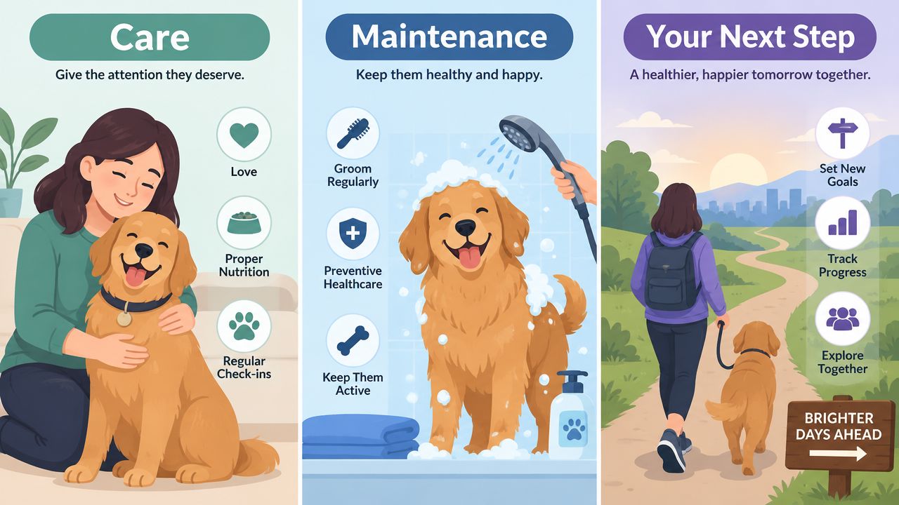 A three-part infographic illustrating pet care tips, maintenance routines, and steps for a happy life together.