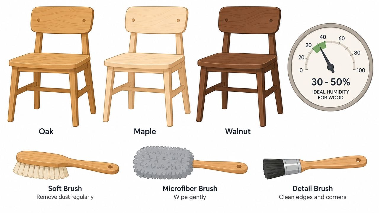 A guide illustrating three types of wooden chairs with maintenance tools and ideal humidity levels for care.